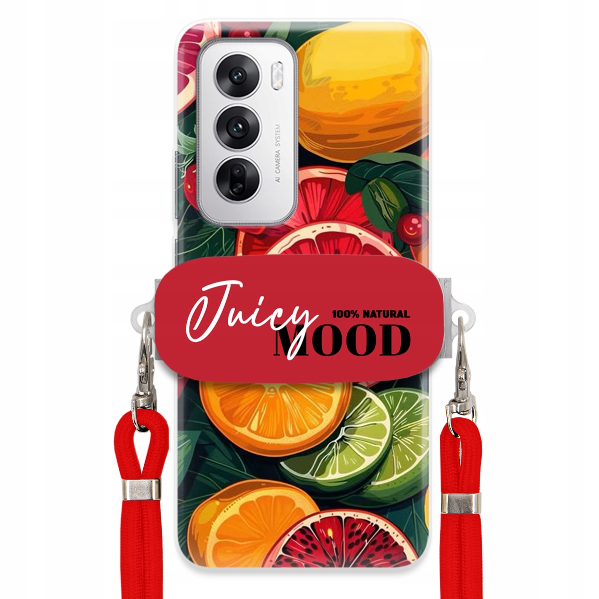 Pouzdro pro Oppo Reno 12 5G Červené vodítko Crossbody+ Držák Juice Mood Ovoce