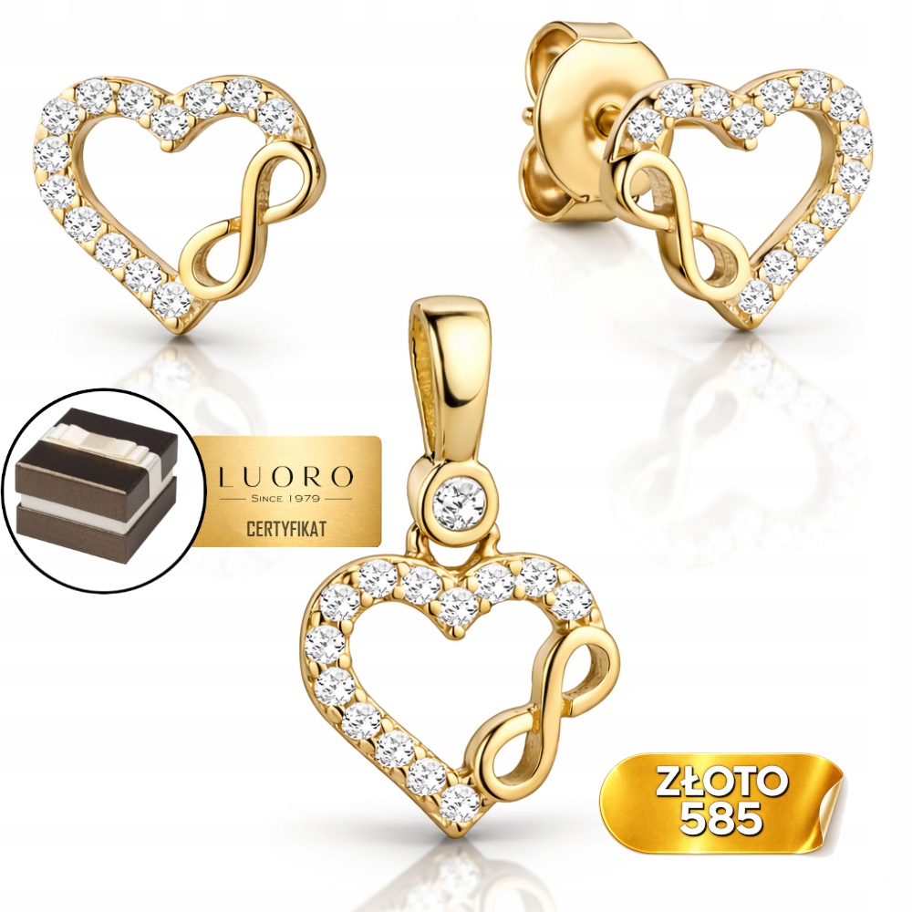 Zlatý Komplet 585 14K Náušnice Přívěsek Srdce Nekonečno Elegantní