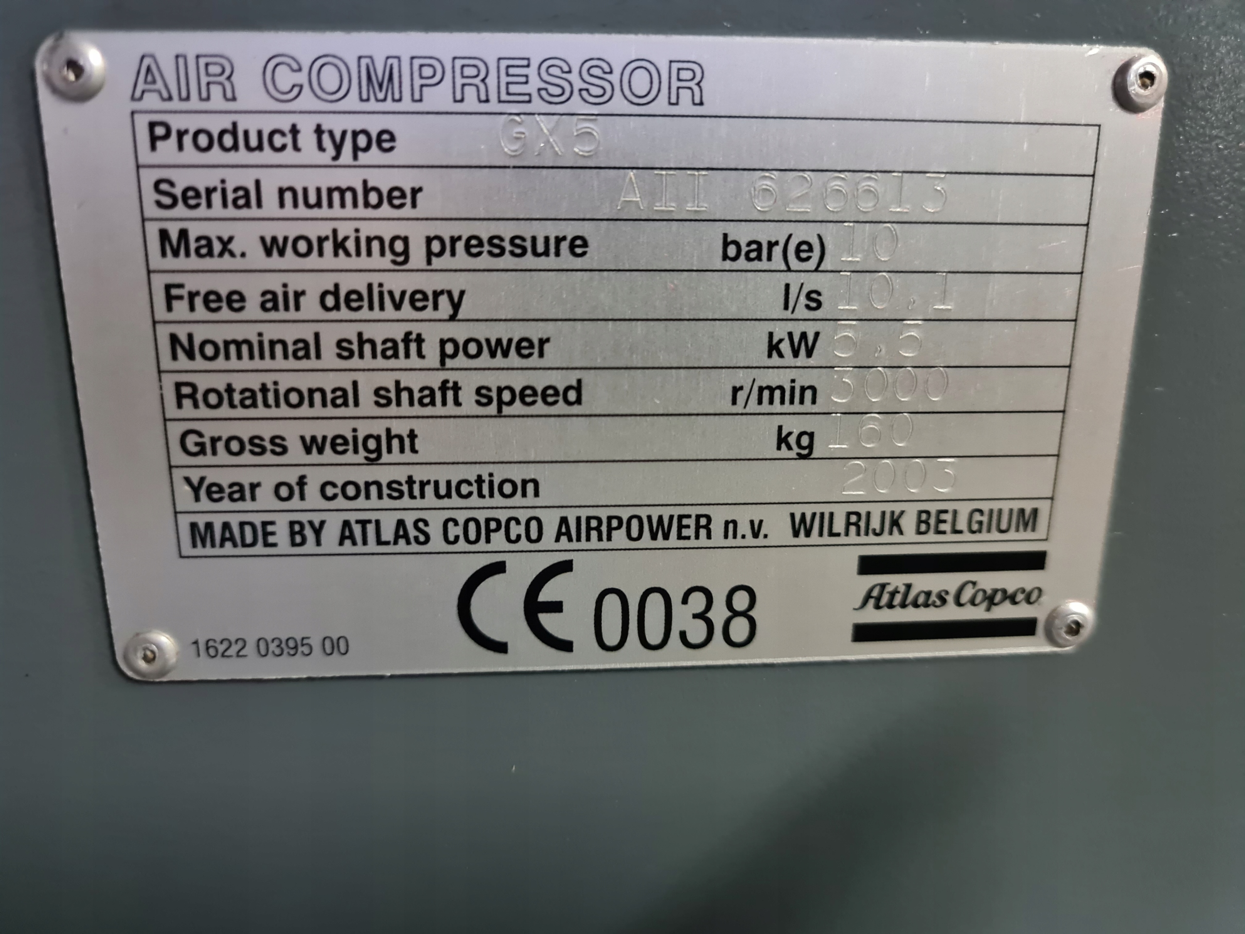 KOMPRESOR ŚRUBOWY ATLAS COPCO GX 5 Moc (kW) 5.5 kW