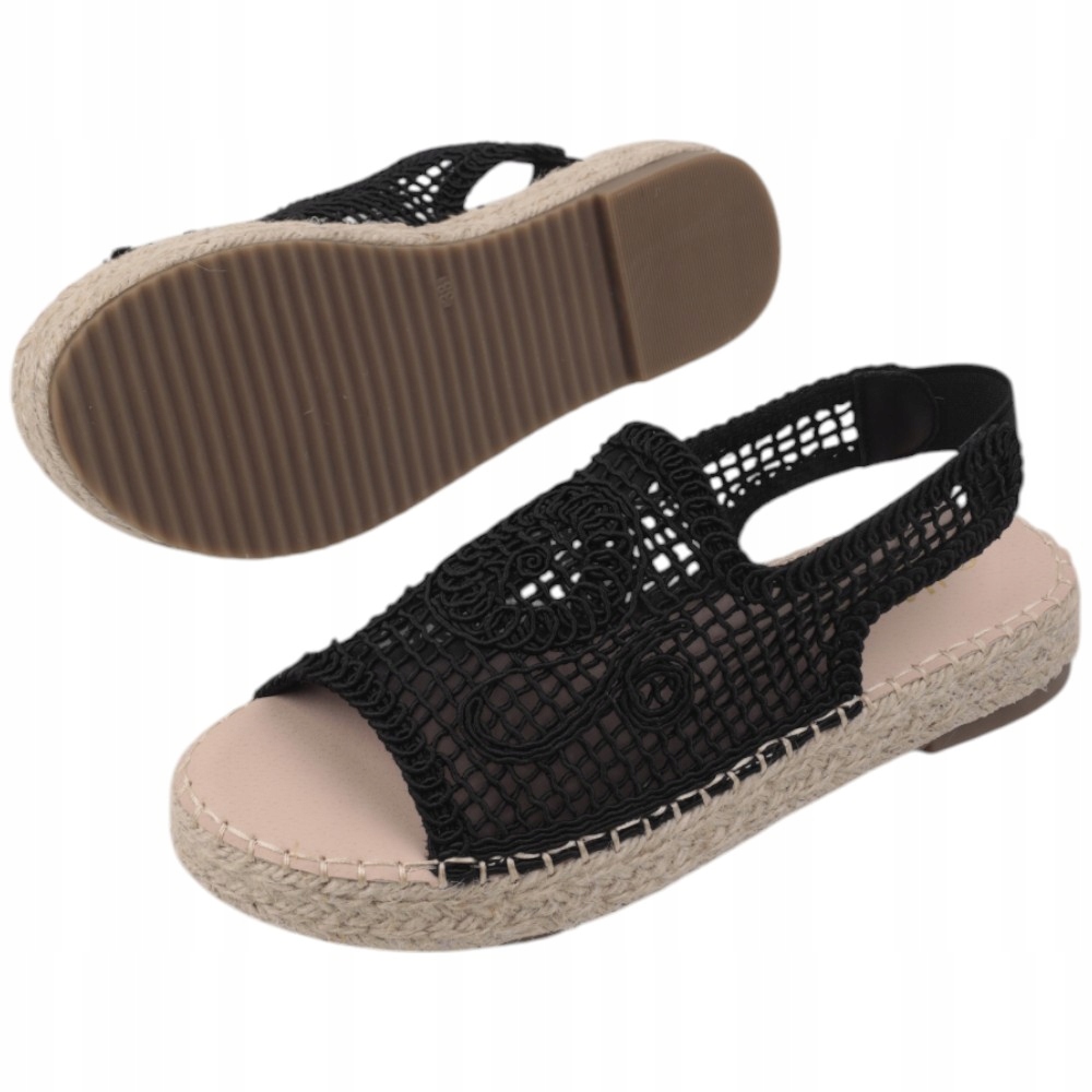Czarne Sandałki Damskie Wsuwane Espadryle Na Platformie Wkładka Ekoskóra