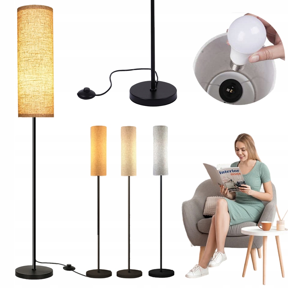 Stojací Lampa Podlahová Lampa S Noční Žárovkou, Lněné Stínidlo 175 CM 12 W E27