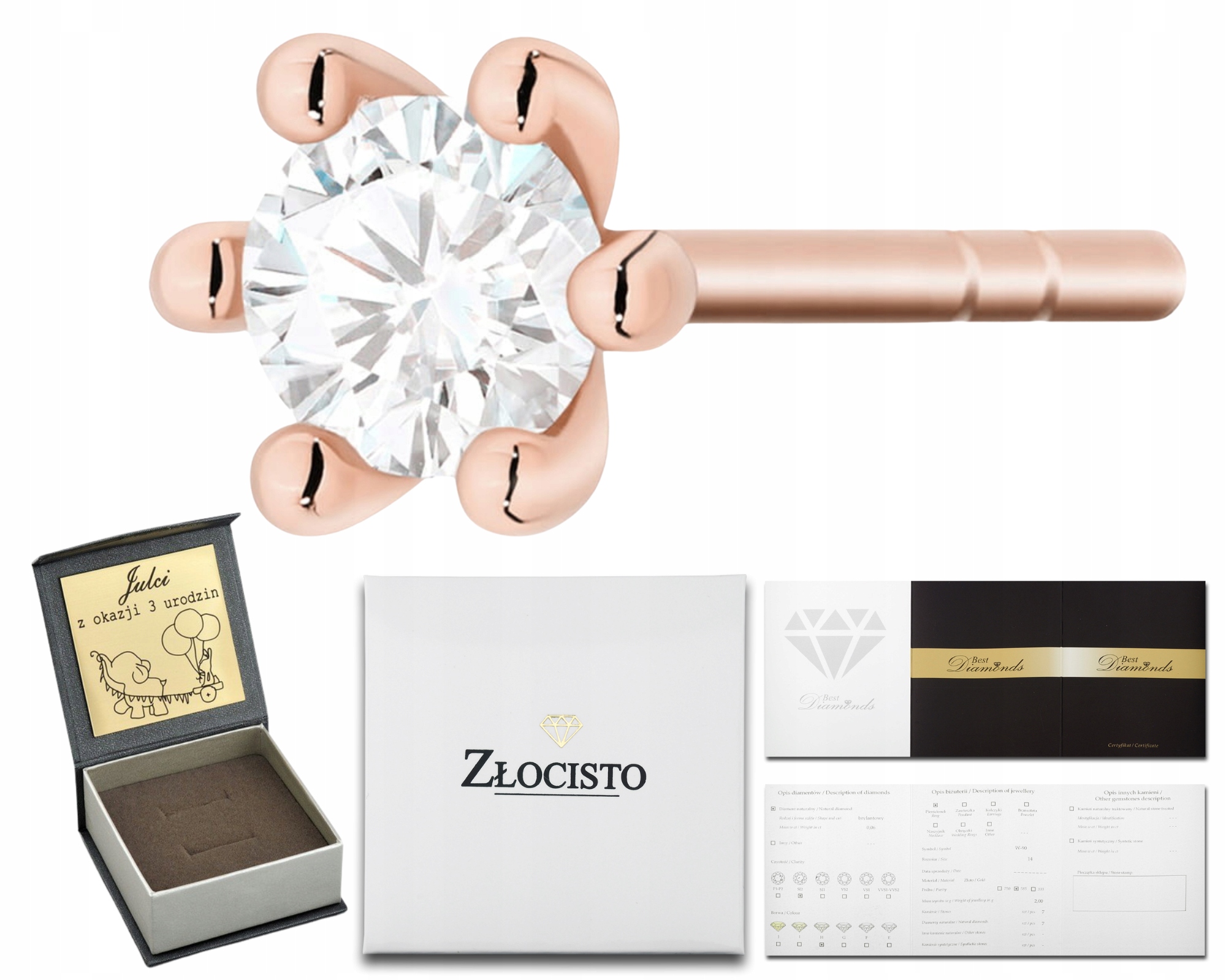 Růžové Zlato Náušnice 1 Kus Tyčinka Ryzost 585 Briliant