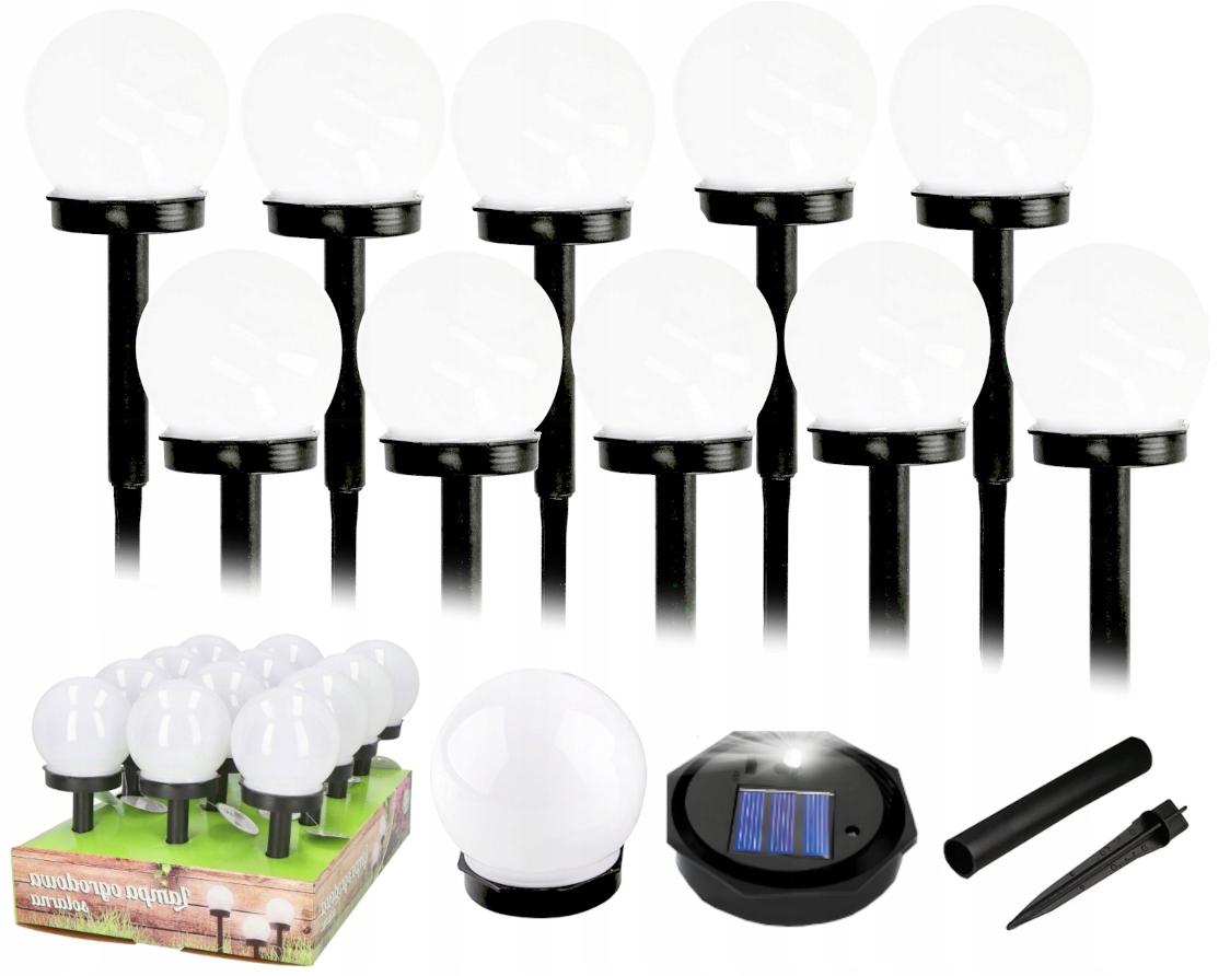10 x KULA SOLARNA LAMPA OGRODOWA LED WBIJANA GRUNTOWA BIAŁA LAMPKI