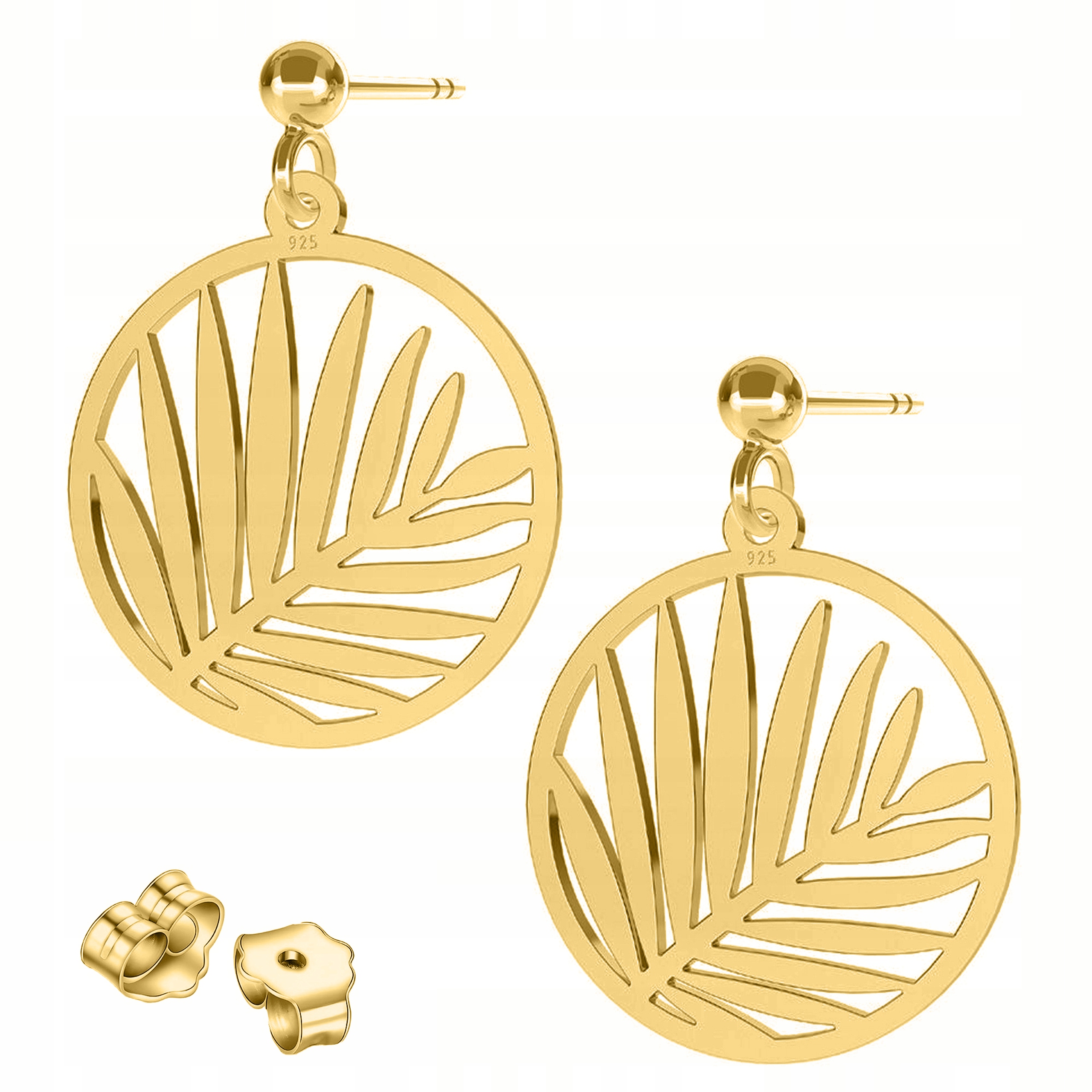 Zlaté Náušnice Listy Palmy Kulatý plech s listy Palmy Stříbro 925