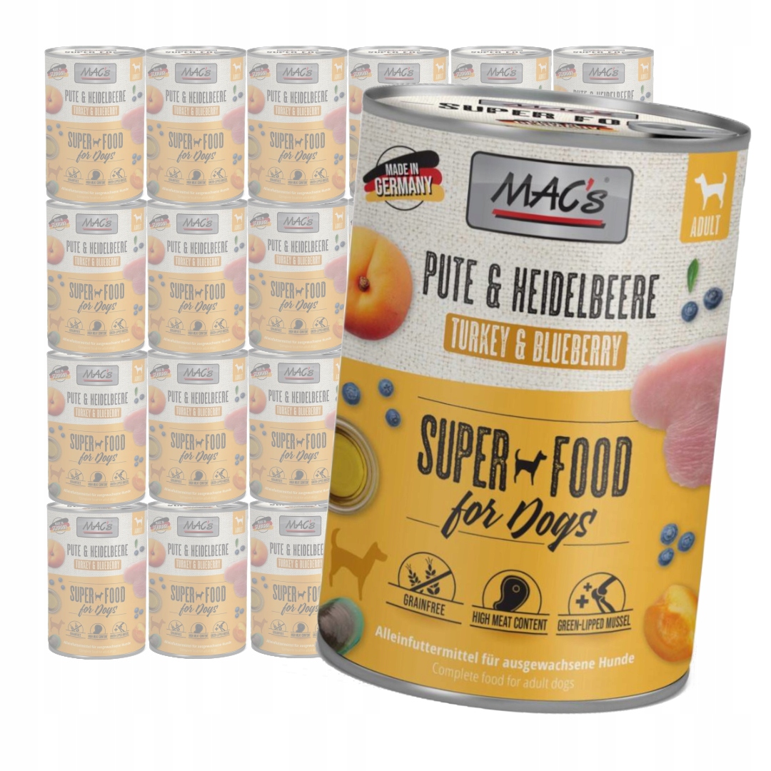 Levně MAC's Dog Bezobilné Vlhké Krmivo pro psy s krůtím masem a borůvkami 24x400 g