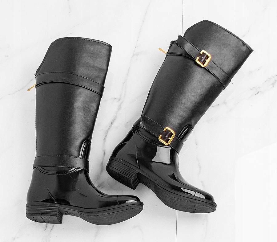 CZARNE SKÓRZANE KALOSZE ZŁOTY ZAMEK Zapięcie wsuwane