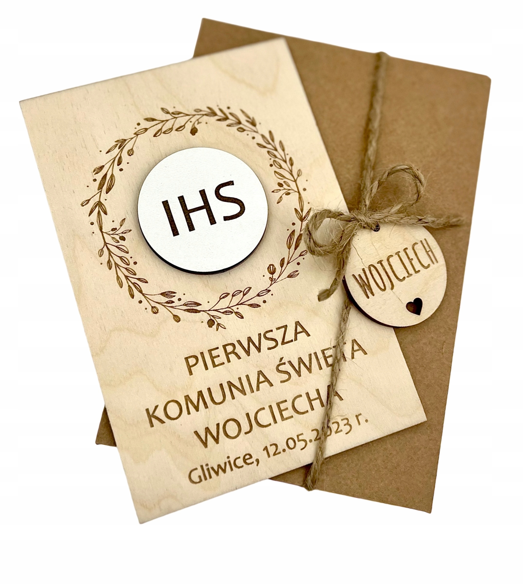 KARTKA PERSONALIZOWANA DREWNIANA PAMIĄTKA PIERWSZA KOMUNIA 3D + GRATIS