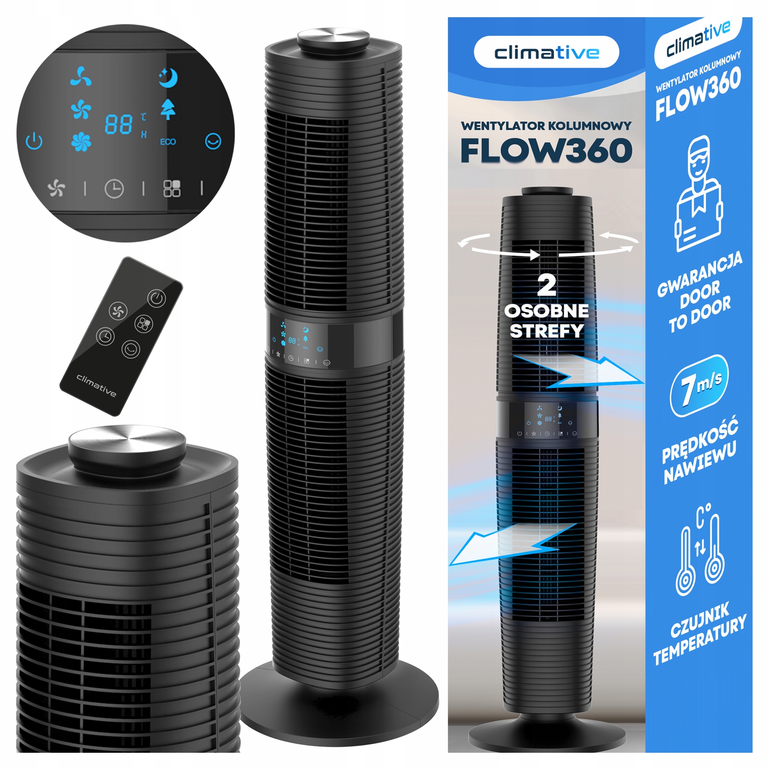 Stĺpový Ventilátor Dve Samostatné Zóny Vzduchu 7 m/s Diaľkový Ovládač 97 cm Tichý XXL