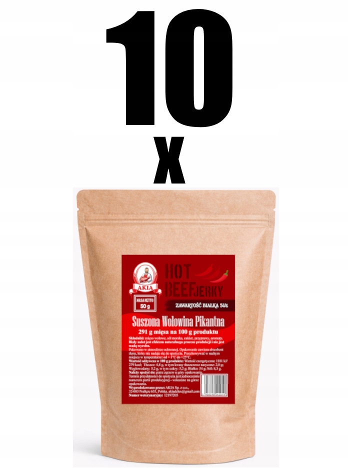 Levně Akia Beef Jerky, sušené maso, sušené pikantní hovězí maso 10 kusů x 50 g