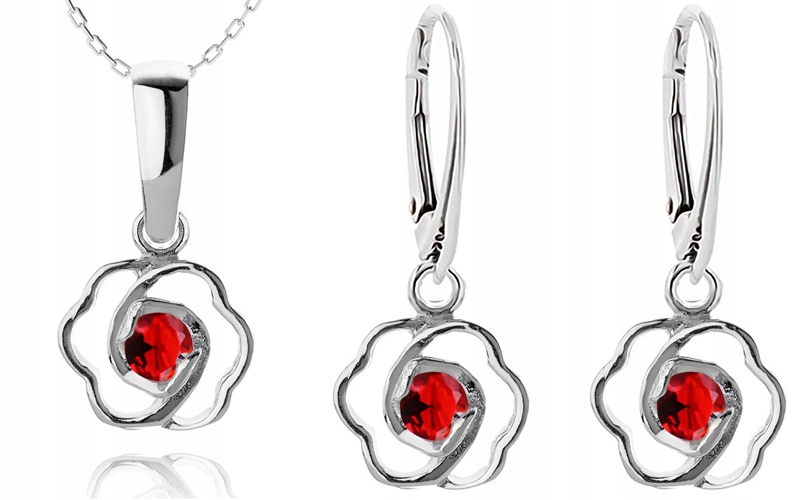 

Komplet Biżuterii Kwiatki Z Czerwonymi Cyrkoniami