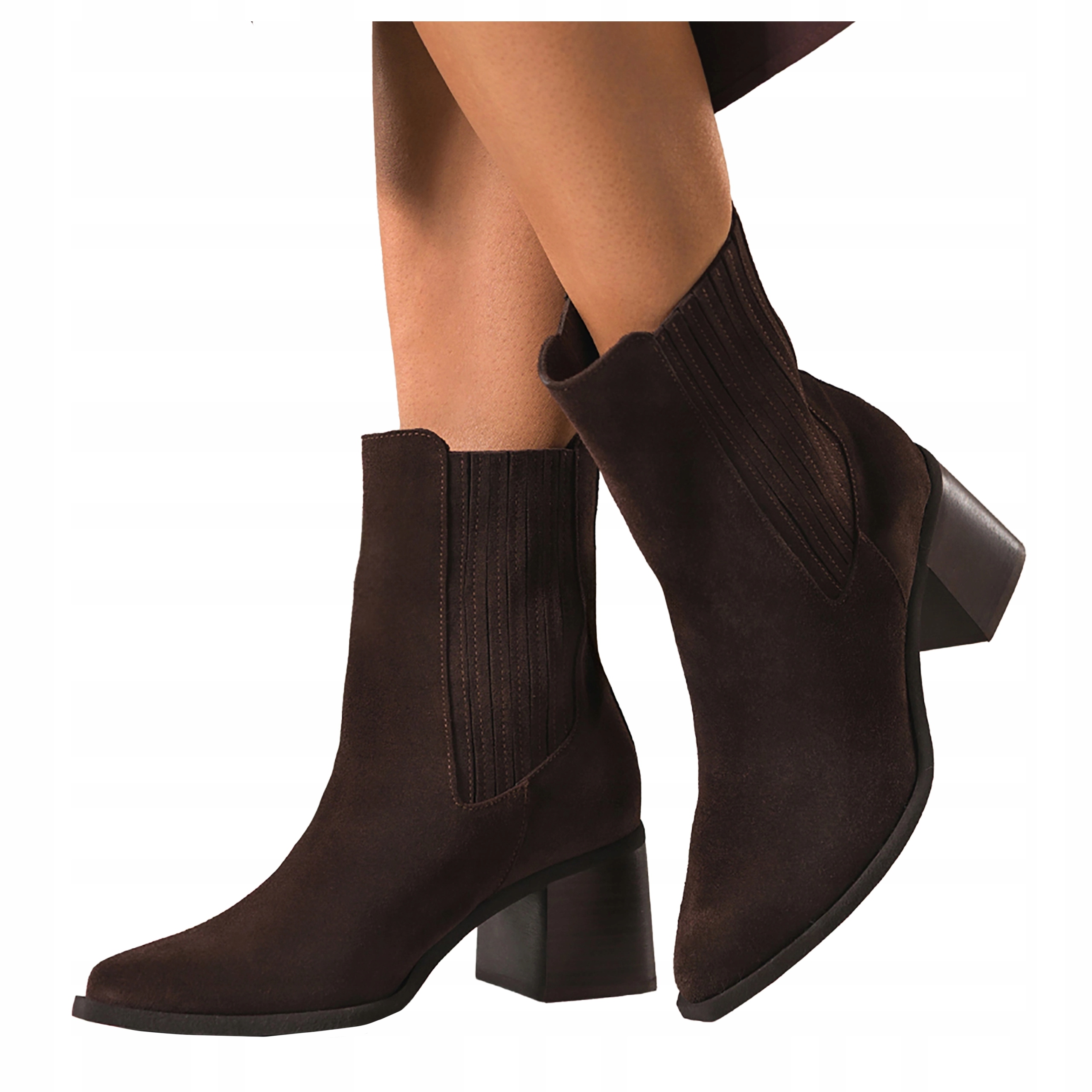 Čokoládové dámské kotníkové boty Pohodlné Široký kožený podpatek Elastické vel. 41
