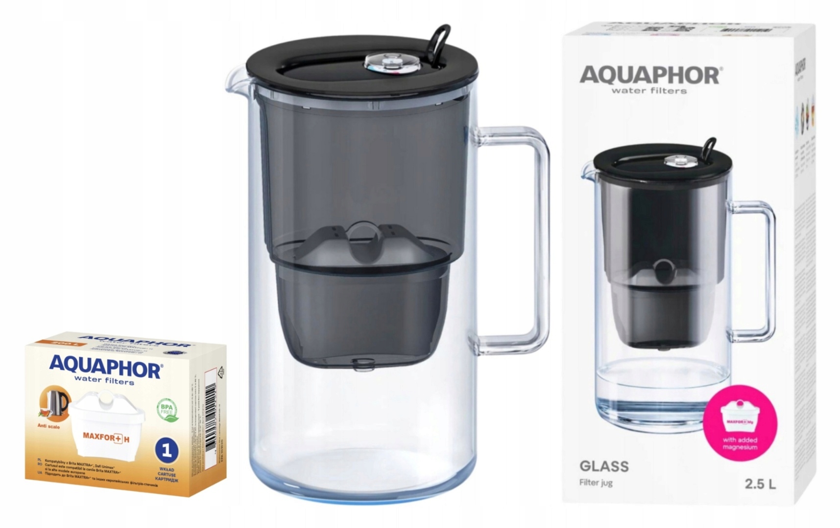 Dzbanek filtrujący szklany Aquaphor Glass 2,5l z wkładem Maxfor+ H, Czarny