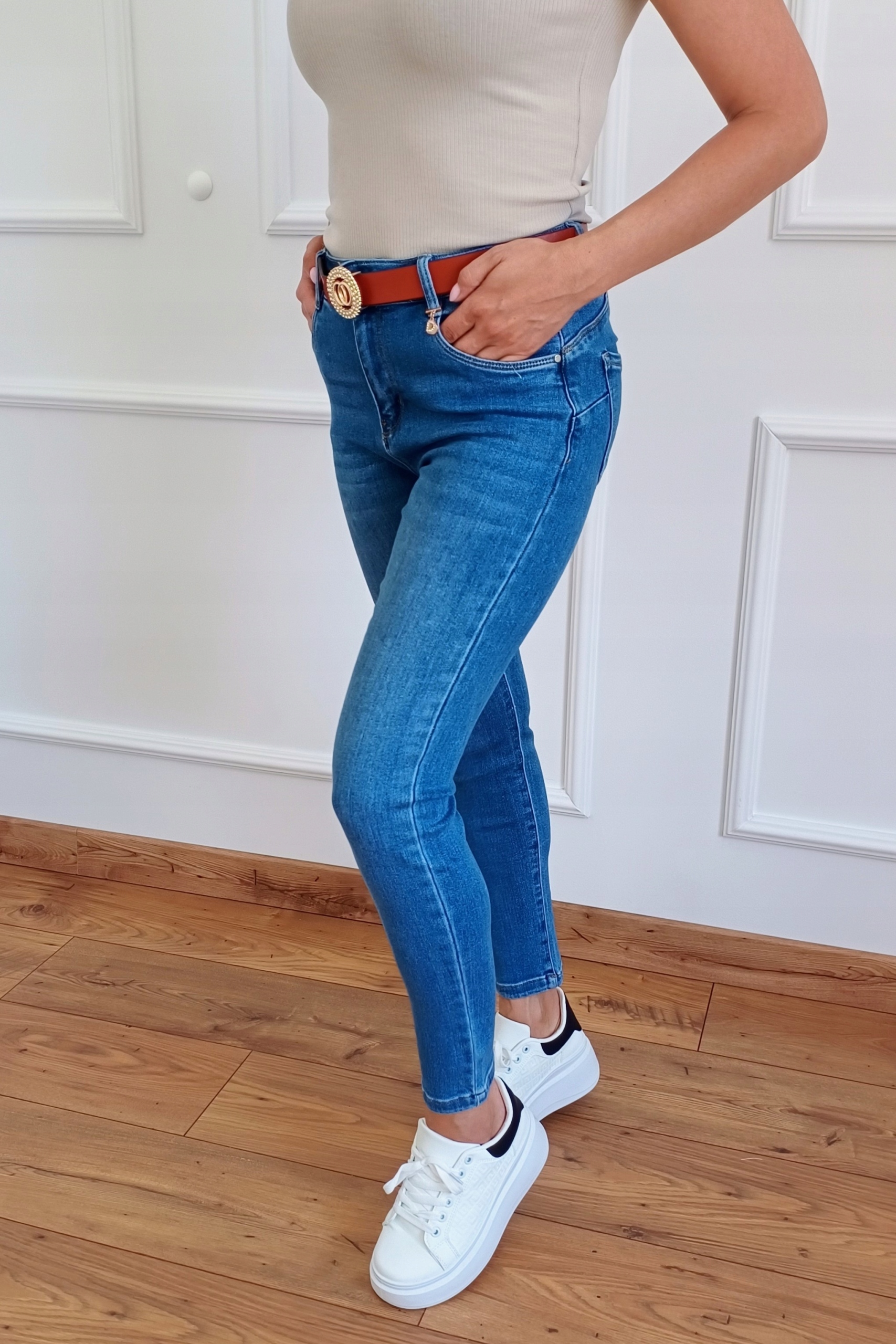 MS13 MODNE Jeansy M.SARA Push Up Z PASKIEM 38 M (30) 38-50 Zapięcie zamek