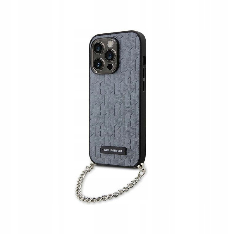 Karl Lagerfeld Saffiano Monogram Chain – Pouzdro pro iPhone 14 Pro (Stříbrné)