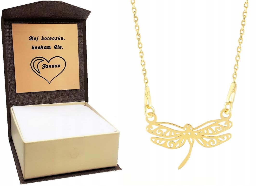 

Złoty naszyjnik ważka ażur + Pudełko + Grawer 925