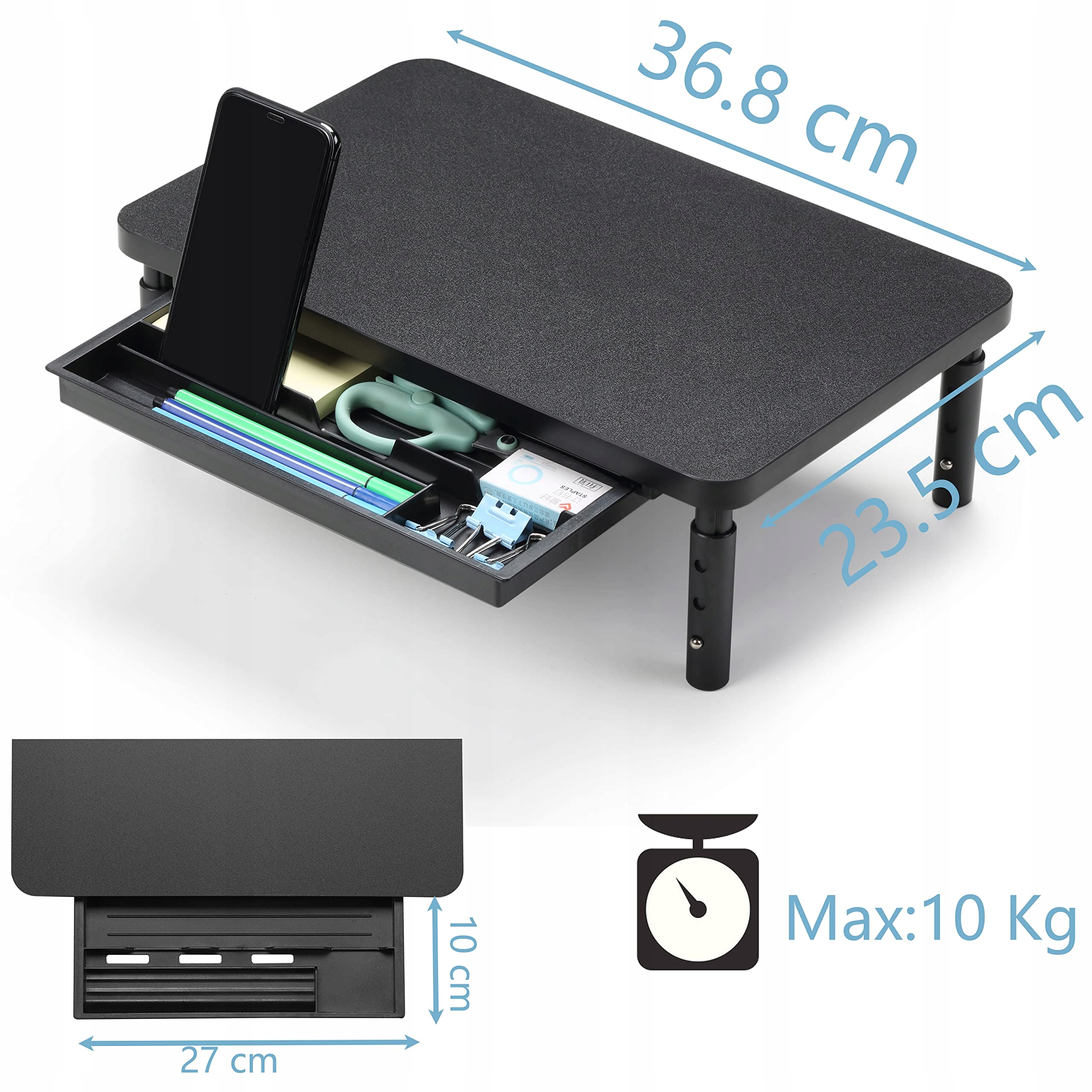 ETHU Podstawka Stojak Pod Monitor Z Regulacją Wysokości I Szufladą Czarny — miniatura 2