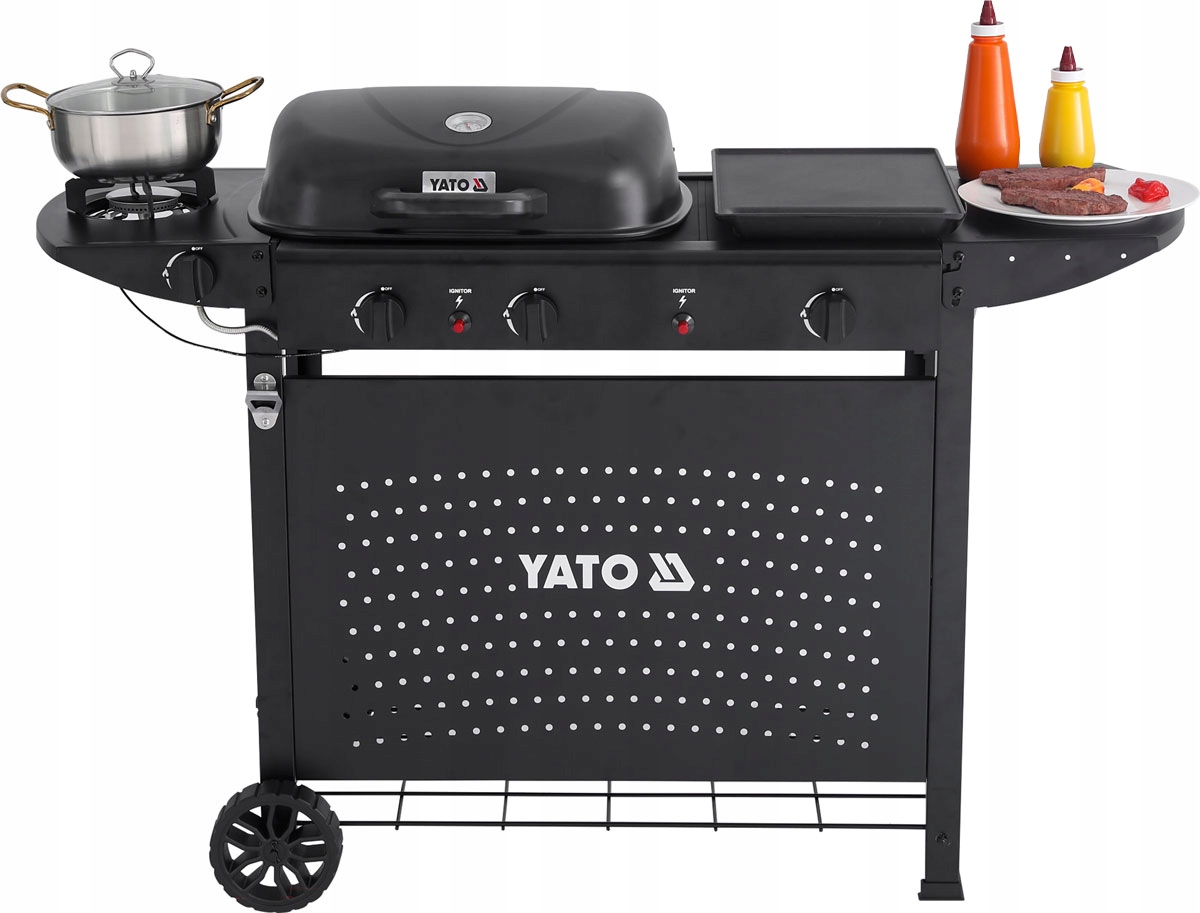 Grill Gazowy Ogrodowy 11KW 3W1 Czteropalnikowy Z Pokrywą Czarny Yato