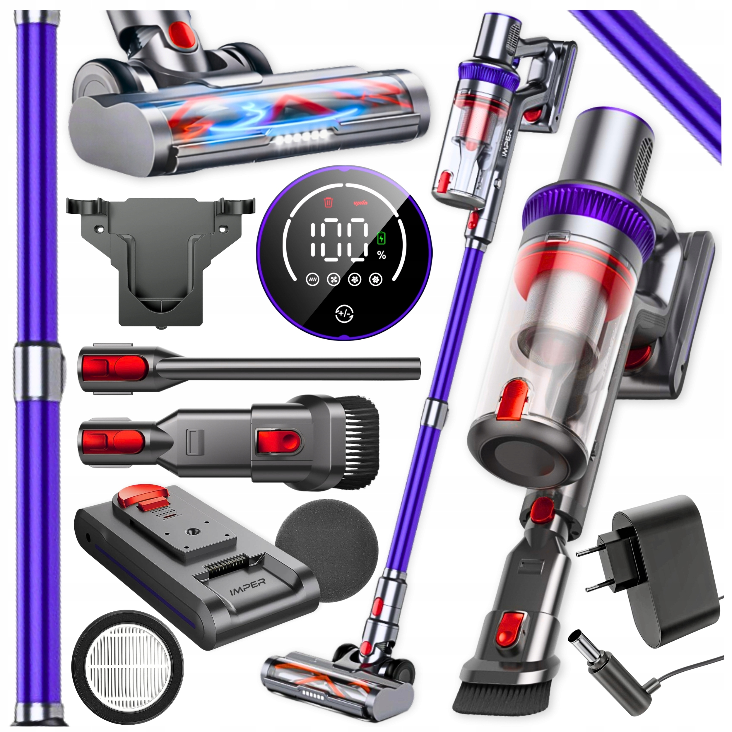 Vysavač Vertikální Bezsáčkový Led Elektrokartáč Sada 9V1