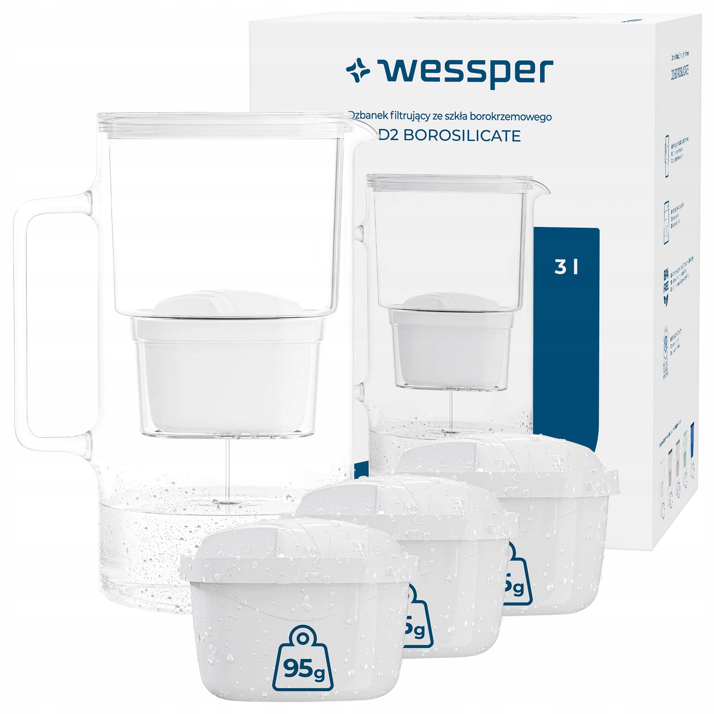 Filtrační konvice skleněná Wessper D2 Borosilicate 3 l 4 x filtr na vodu