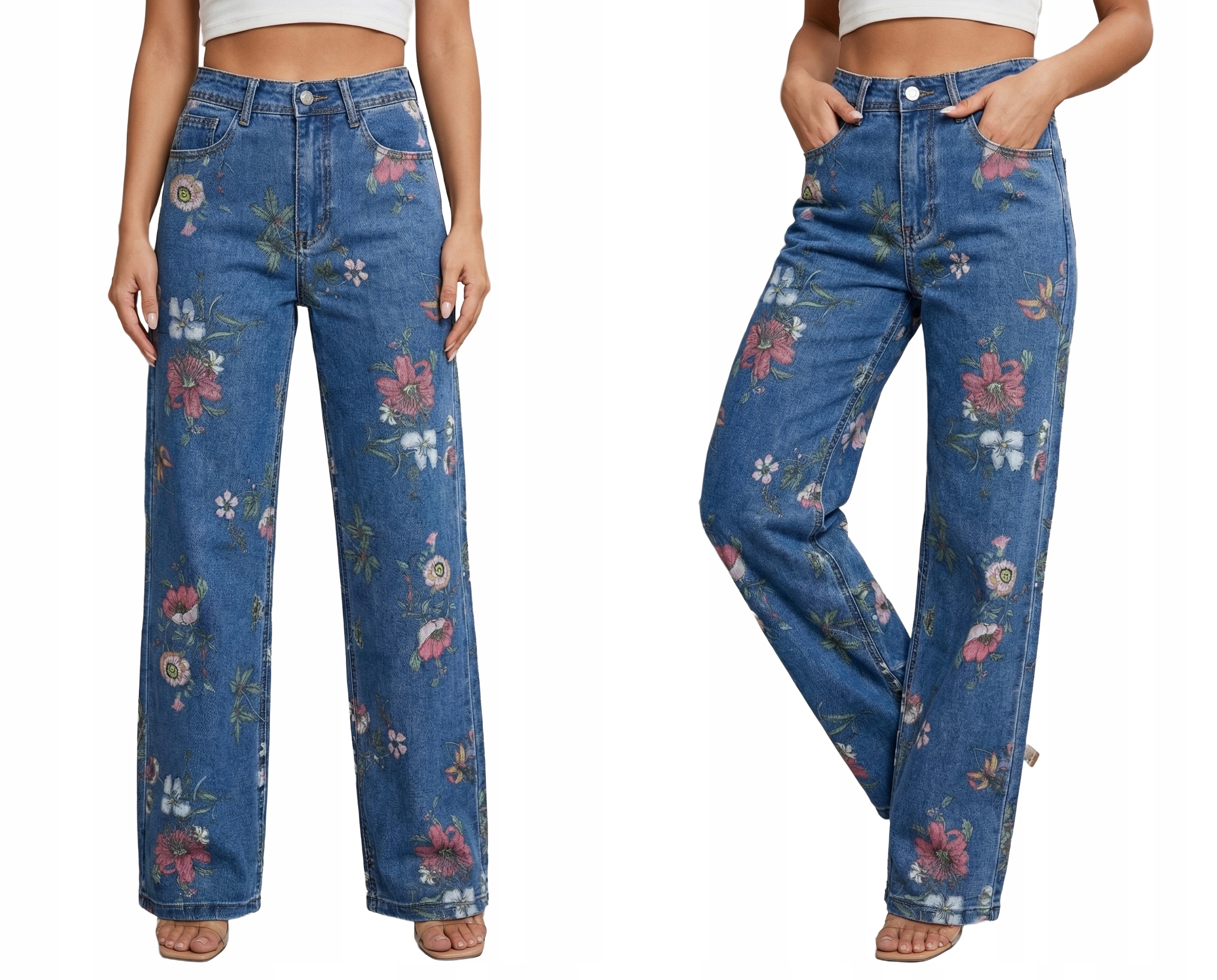 Spodnie Damskie Jeansy Dzwony Szerokie Wide Leg Kwiaty Premium Niebeskie L