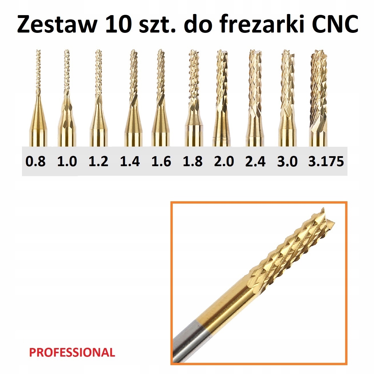 ZESTAW 10szt FREZÓW DO FREZARKI CNC 0,8-3,17mm Pro