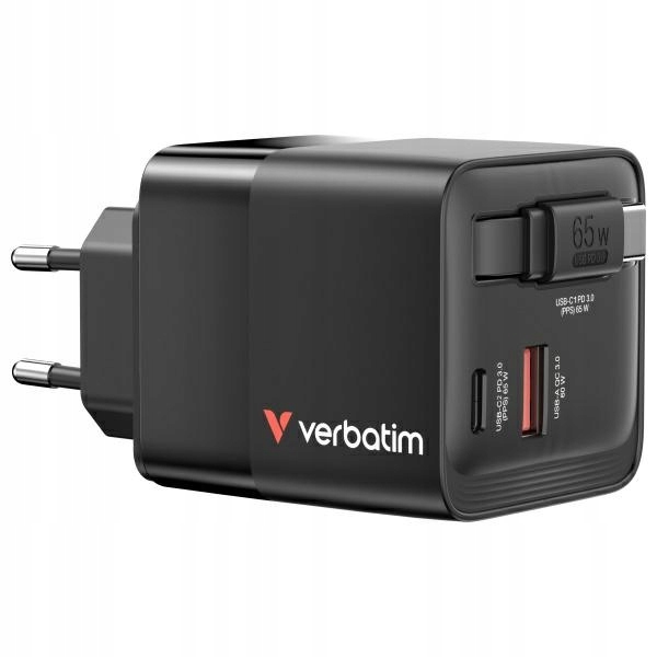 Ładowarka sieciowa Verbatim GaN 65W 2xUSB-C/USB-A Adapter Eu/uk/us czarny