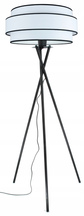 Podlahová lampa Duo s dvojitým tienidlom. Biela tkanina s čiernym lemom. Trojnožka