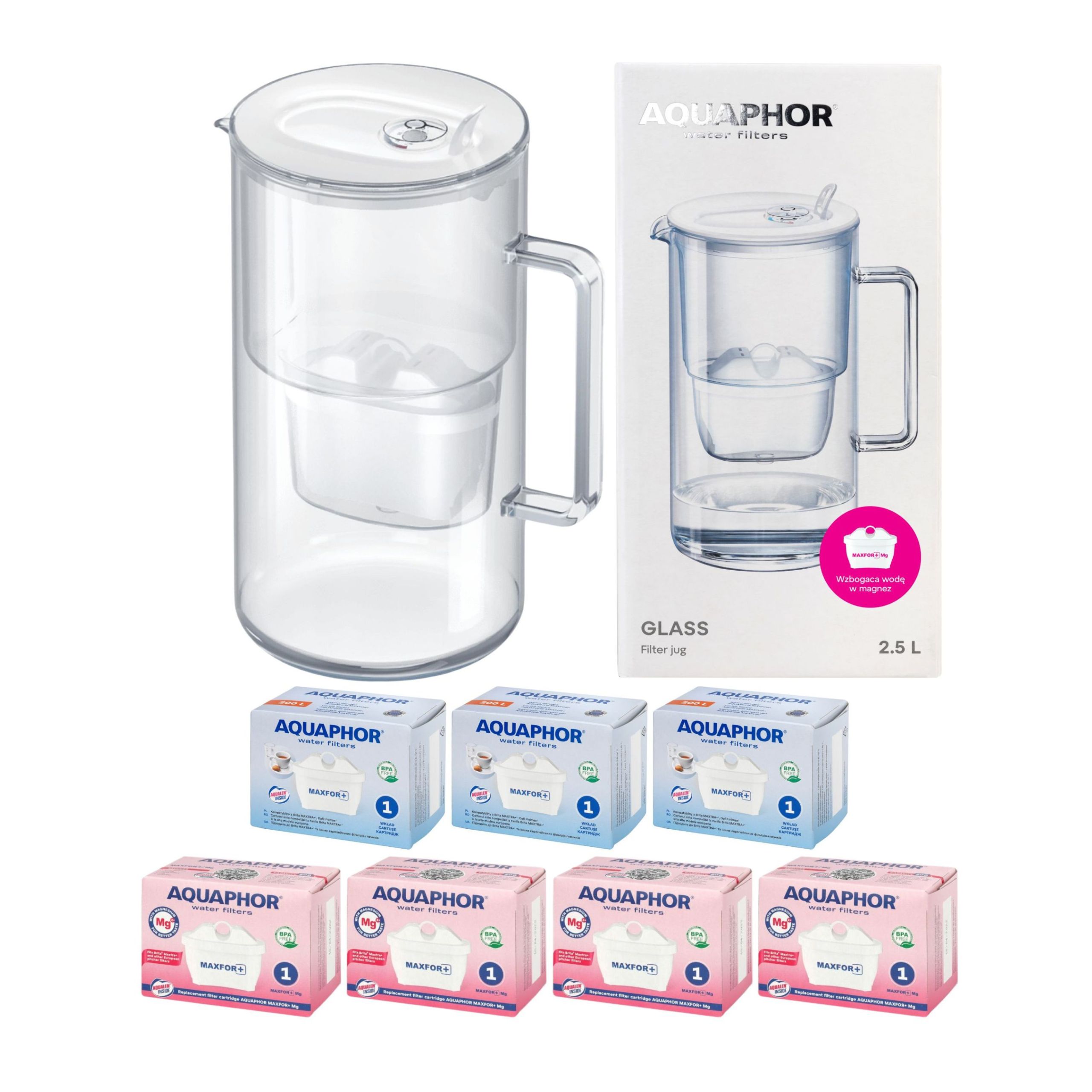 Skleněná filtrační konvice Aquaphor Glass bílá 7 filtrů (4Mg+3)