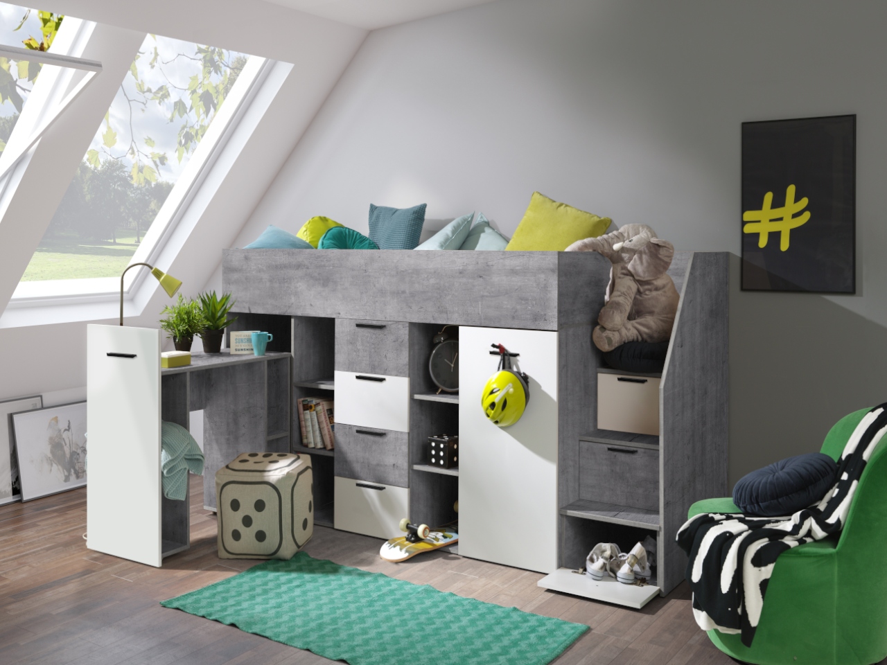 Łóżko piętrowe antresola KONKRET 3 ze schodami Kolekcja KONKRET