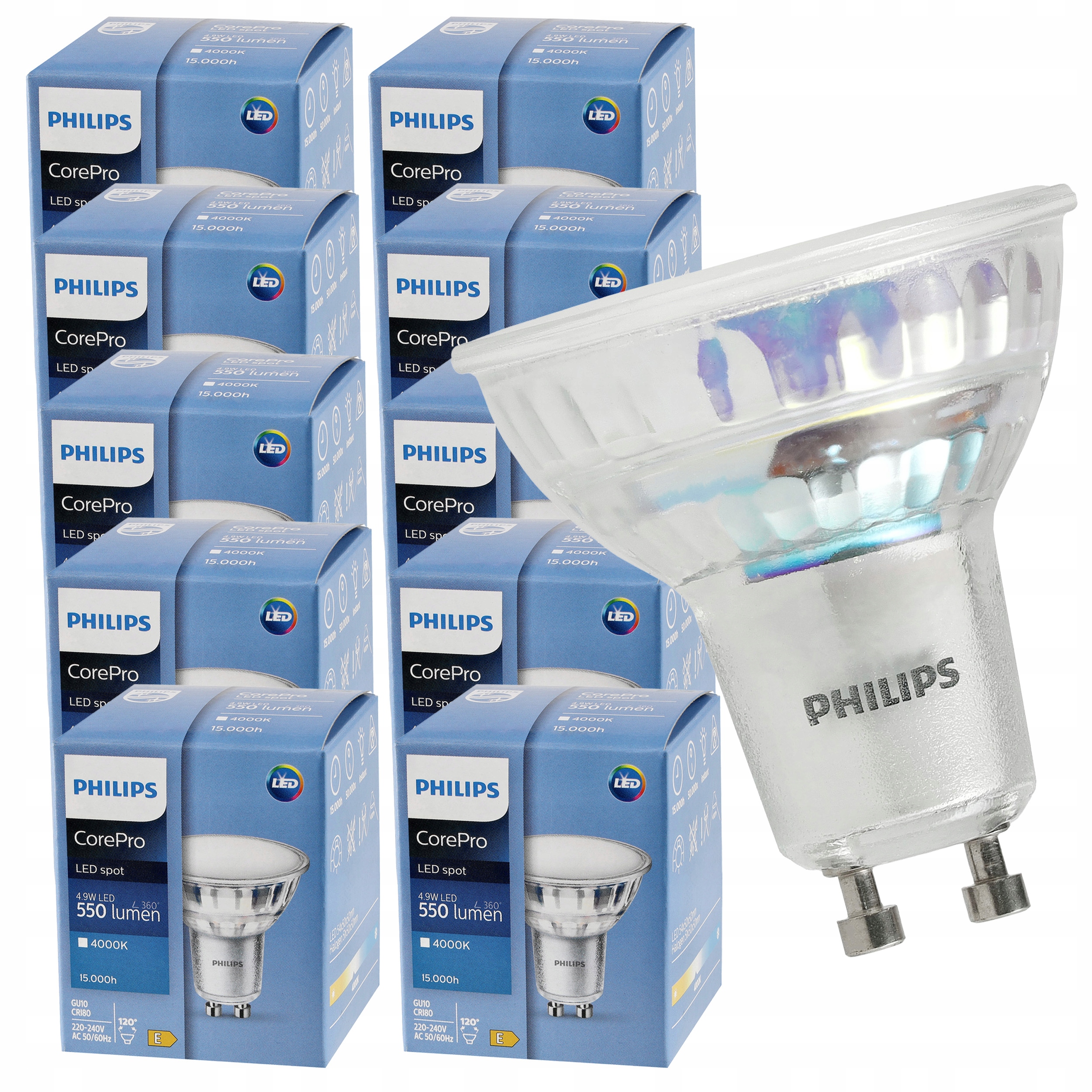 10x Żarówka Led GU10 Philips 4,9W 550lm 4000k Premium Zestaw Żarówek Led