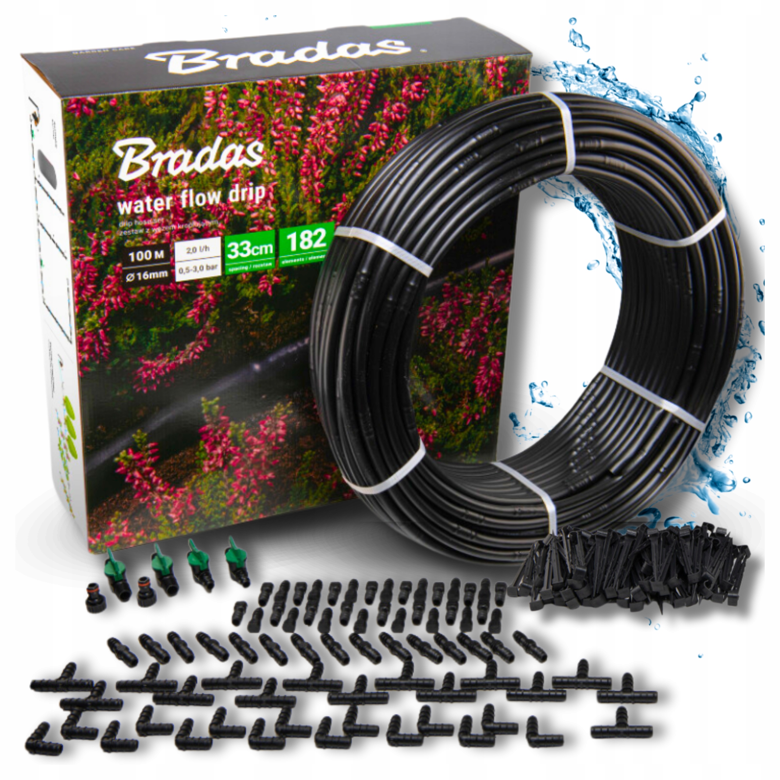 Linia Kroplująca Nawodnienie Kropelkowe 100m Wąż Kropelkujący Bradas 182 el