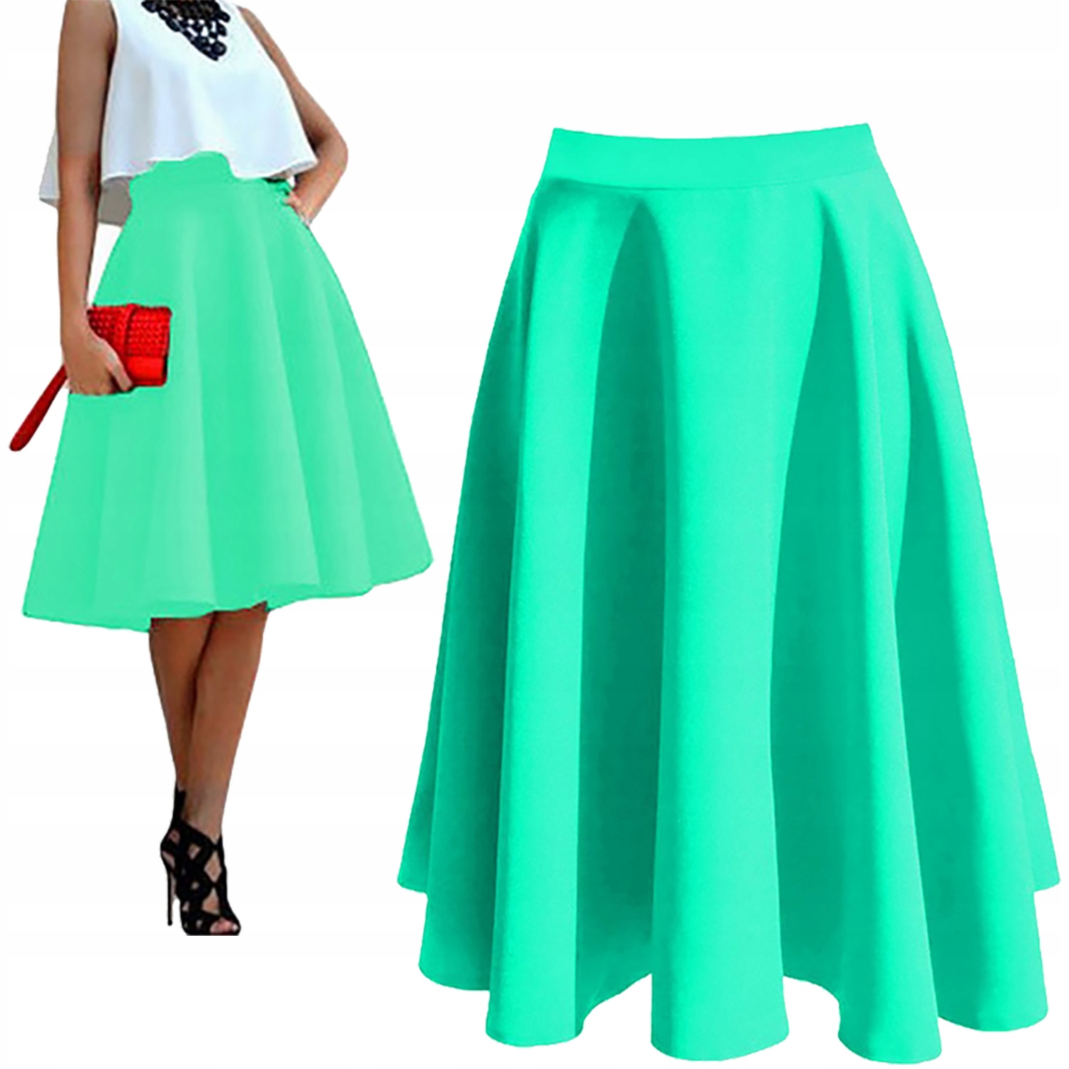 SPÓDNICA Z KOŁA MIDI MIĘTOWY ROZKLOSZOWANA 34