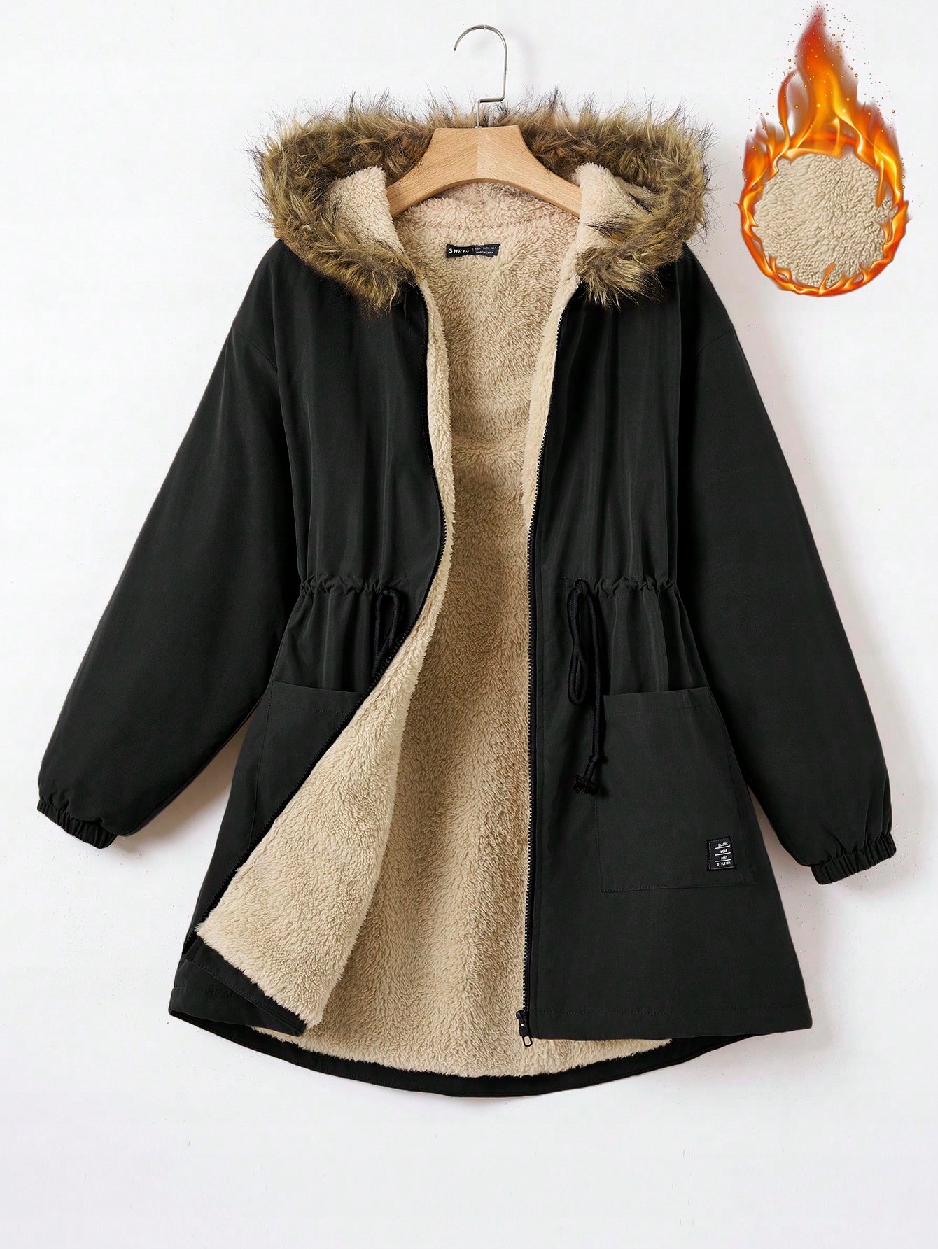 Dámská Zateplená Parka Teddy Bear S Kožešinou Černá Casual Shein L