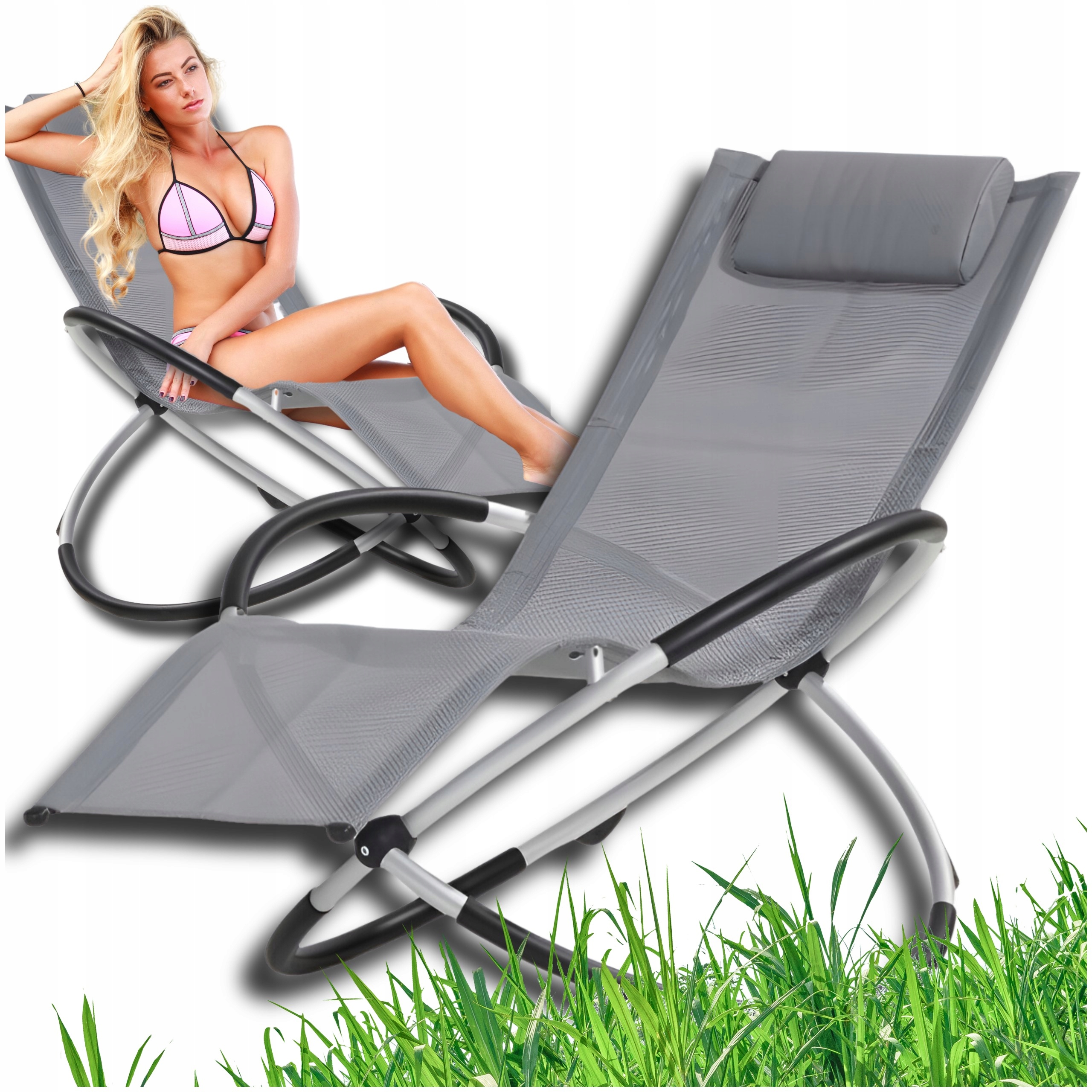 Aluminiowy Składany Fotel Leżak Ogrodowy Plażowy Bujany Jasny Szary