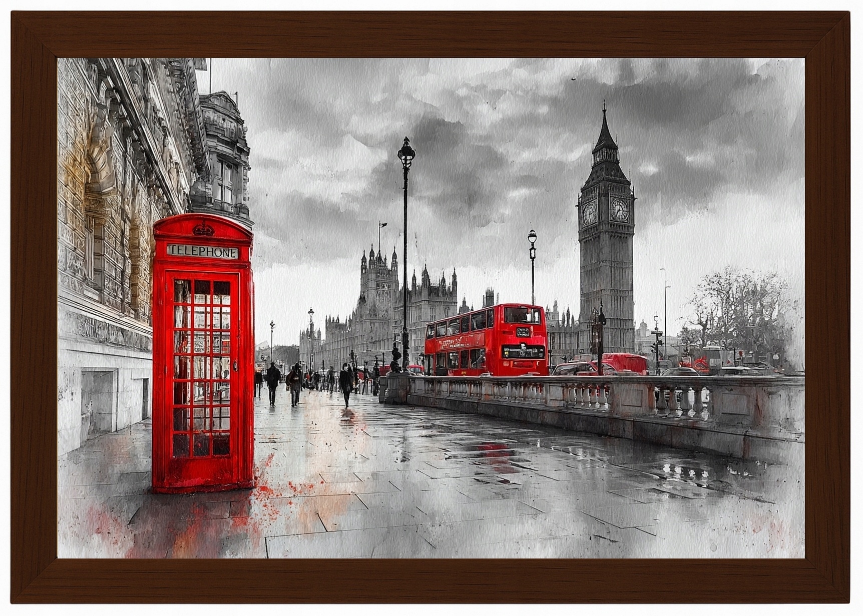 Plakát V Dřevěném Rámeček Londýn Big Ben Telefonní Budna Autobus 60x40
