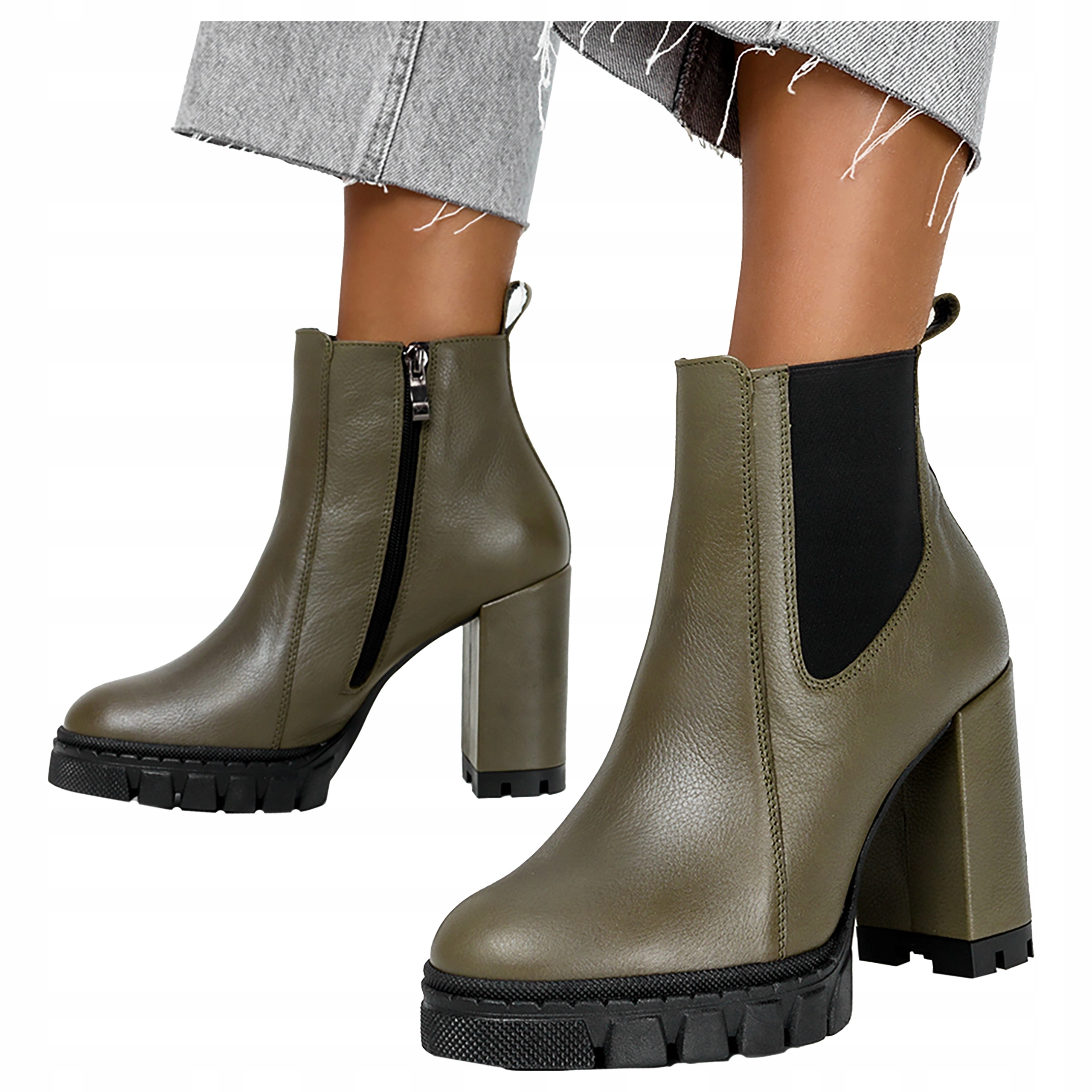 Kožené Zelené Dámské Kotníkové Boty Elegantní Polský Výrobek Podpatek Sloupek r 39