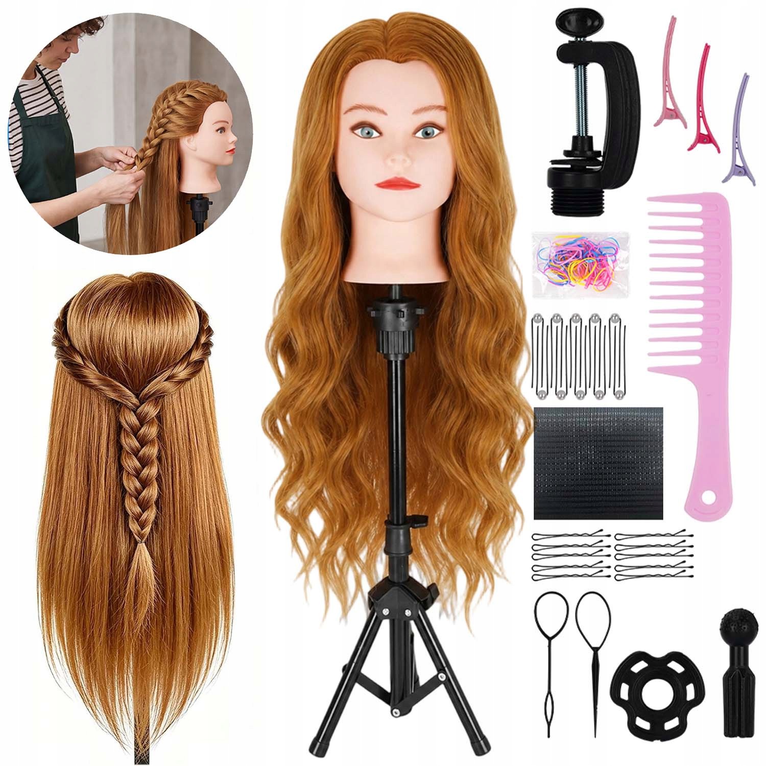 Hlava Kadeřnická Tréninková Hlava Sada Hřebenů Tmavě Blond 71 CM