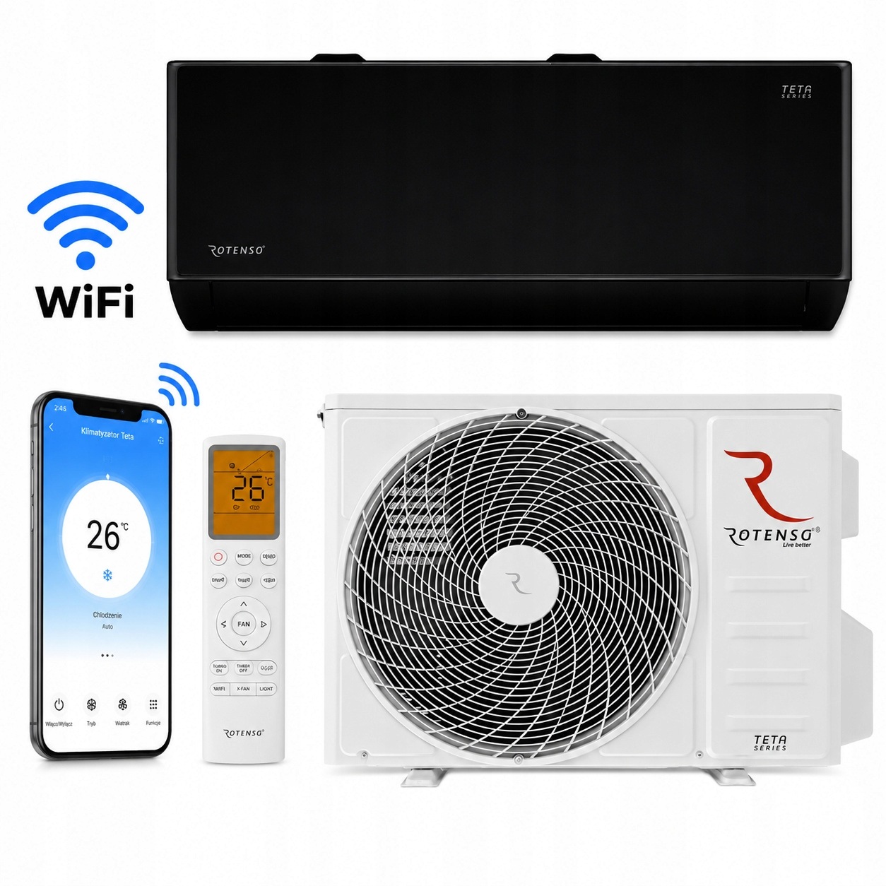 Klimatyzator Rotenso Teta Mirror 3,5 kW WiFi Cichy 4D Led Uv czarny