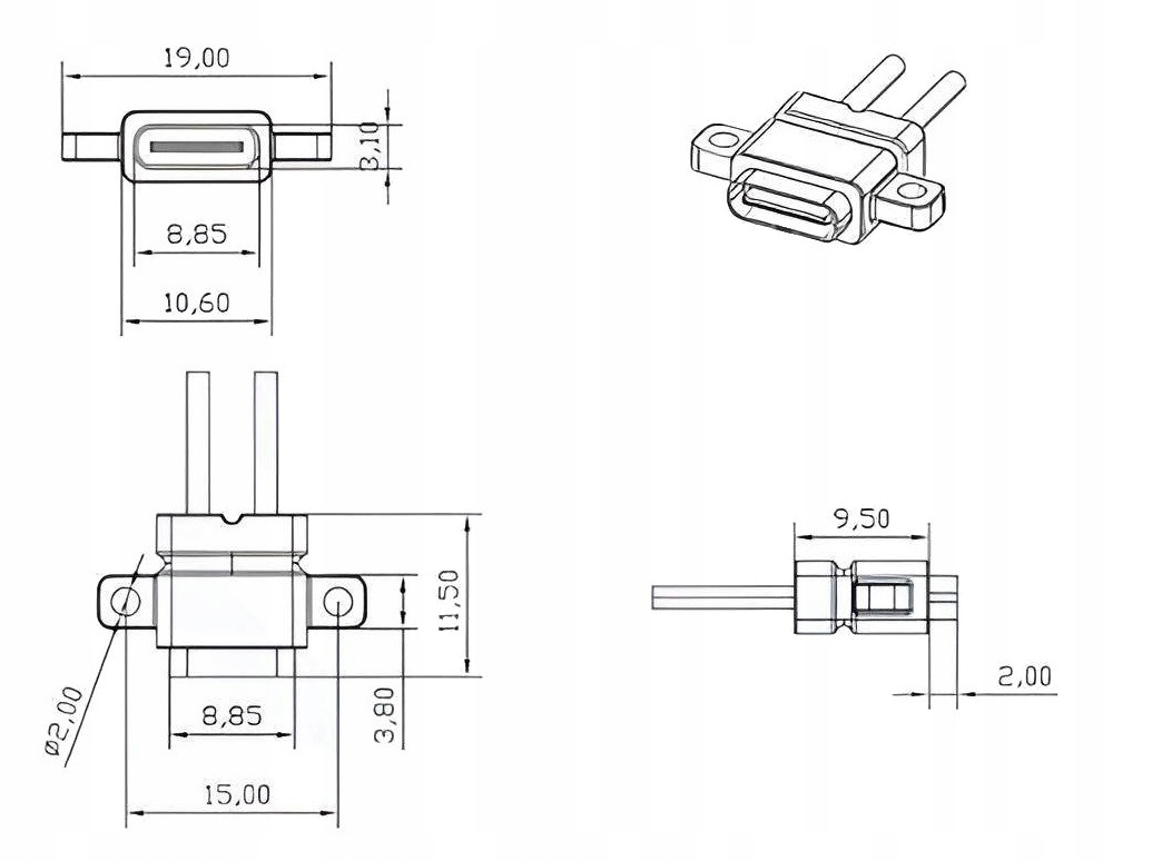 Gniazdo USB-C 2 przewody, przykręcane do obudowy Kod producenta 7066