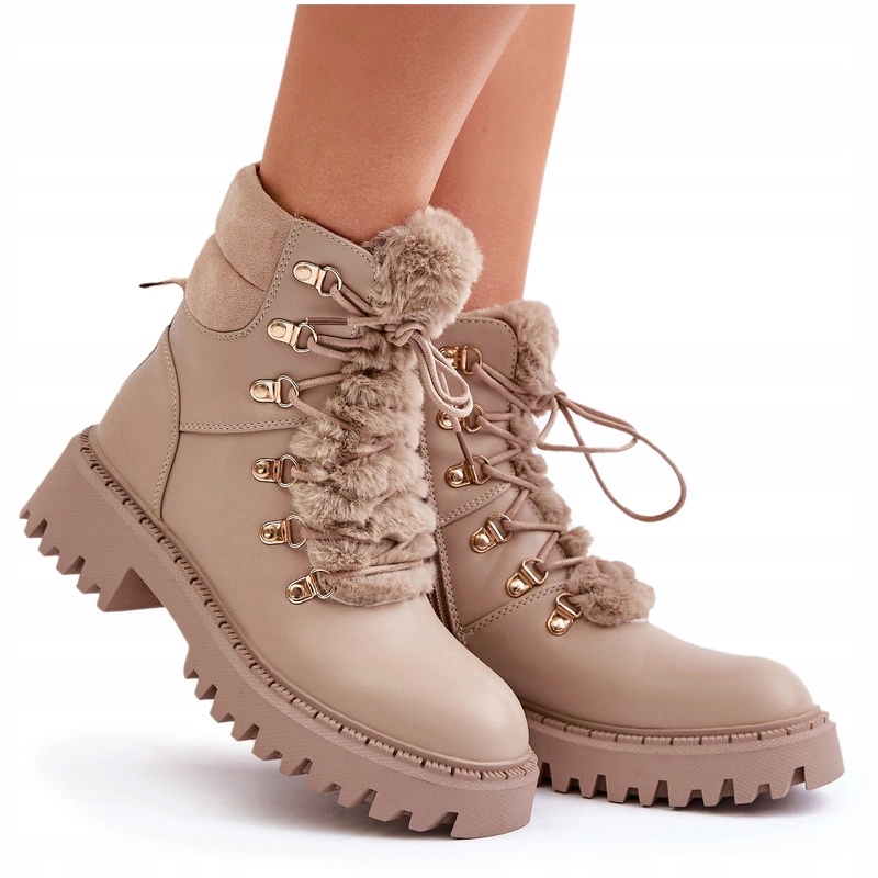 Trapery Dámské Kotníkové Boty Zateplené Na Zip, Šněrovací, S Kožíškem, Béžové 37