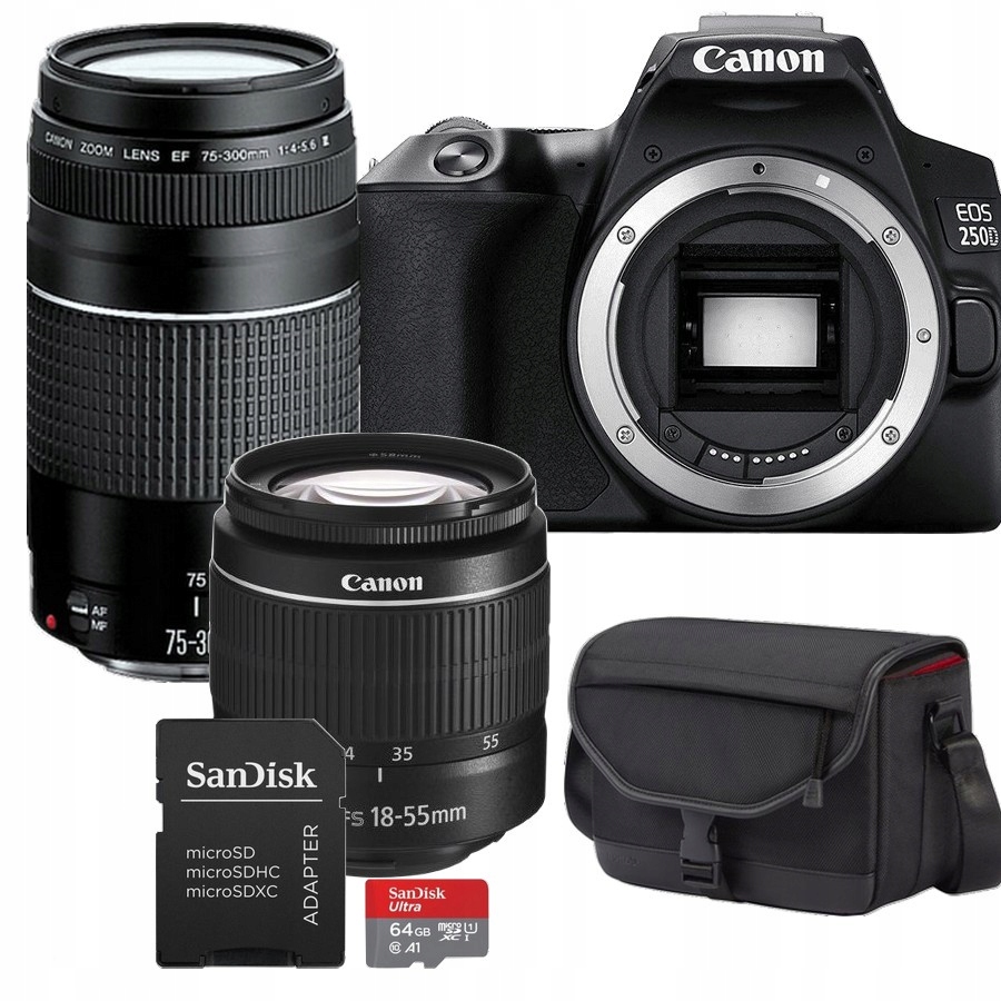 Fotoaparát Canon 250D 18-55 DC III 75-300 DC III Karta Taška
