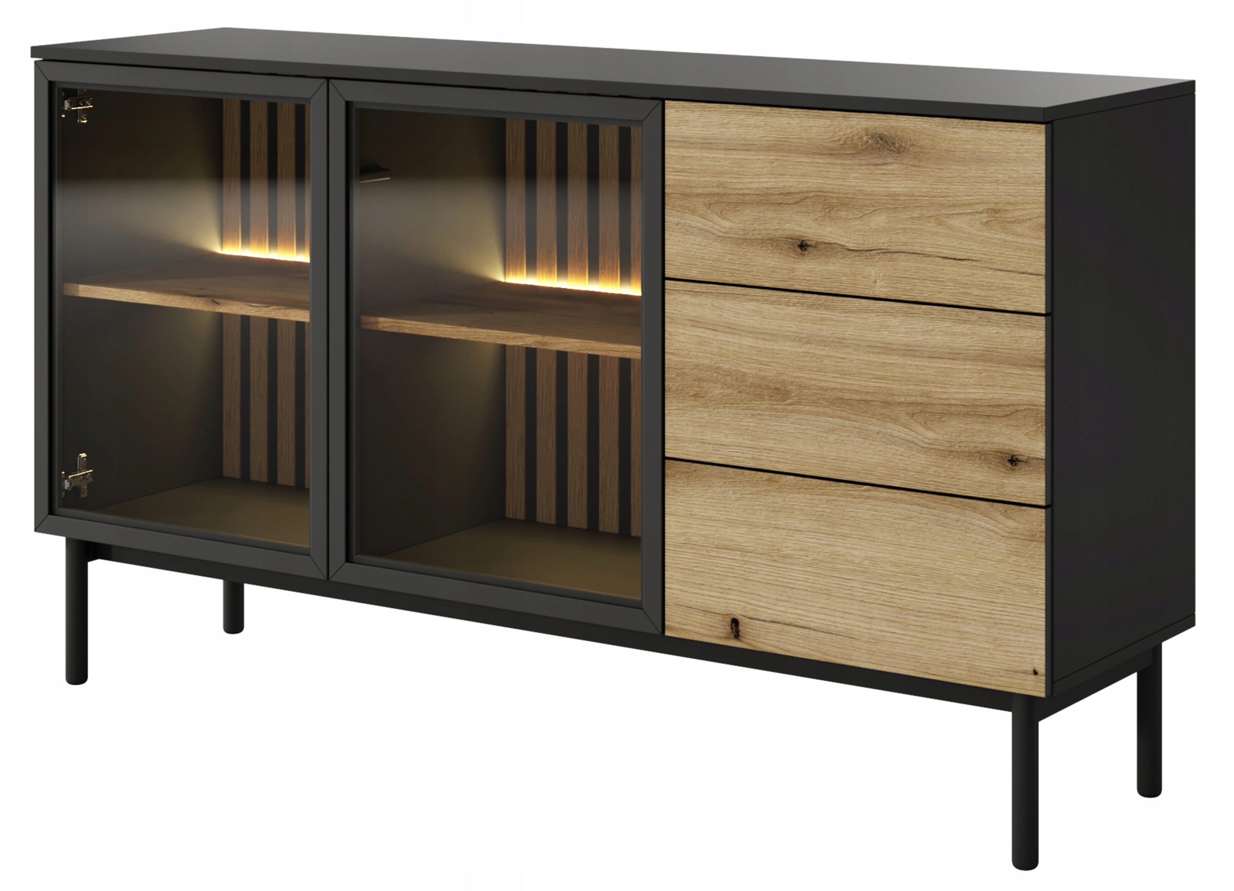 Dvoudveřová komoda Lang 150 cm s lamelami, černá/dub evoke, Led osvětlení