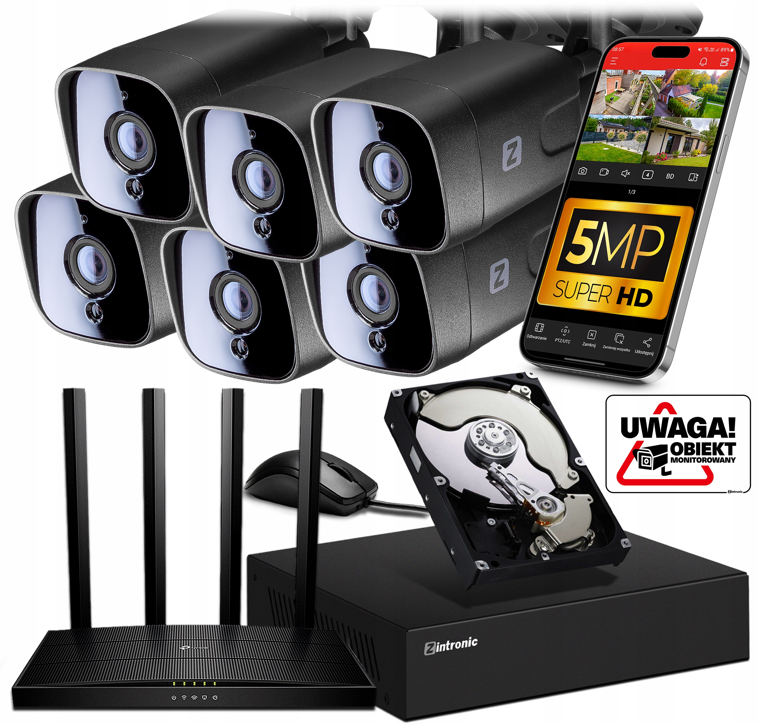 Sada pro WiFi Monitorování 6 Kamer (černá) 5MPx 1TB router