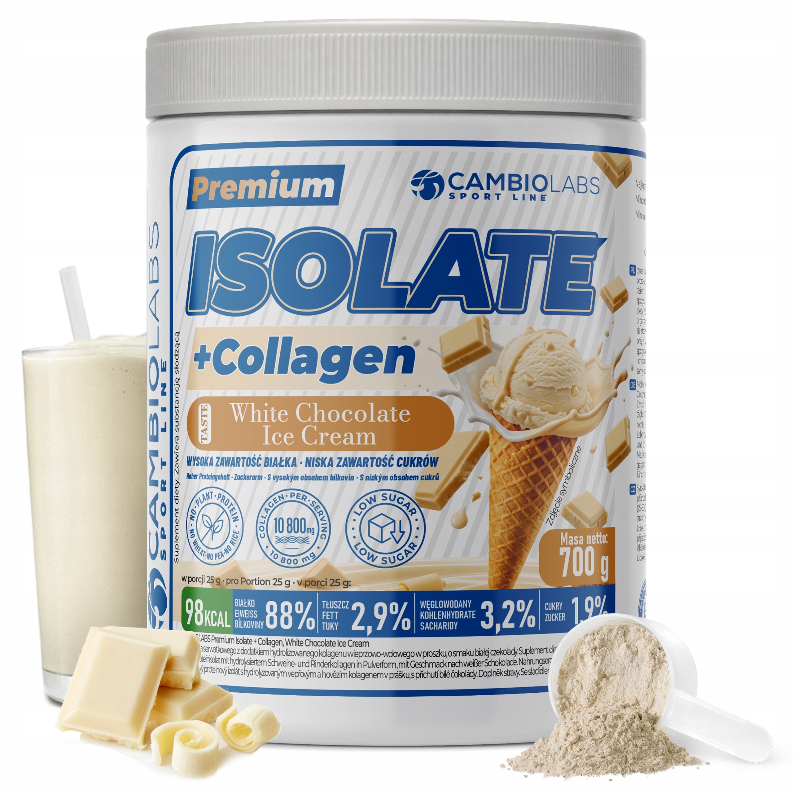 Proteinový izolát kolagen 700 g doplněk stravy ledové klouby bílá čokoláda