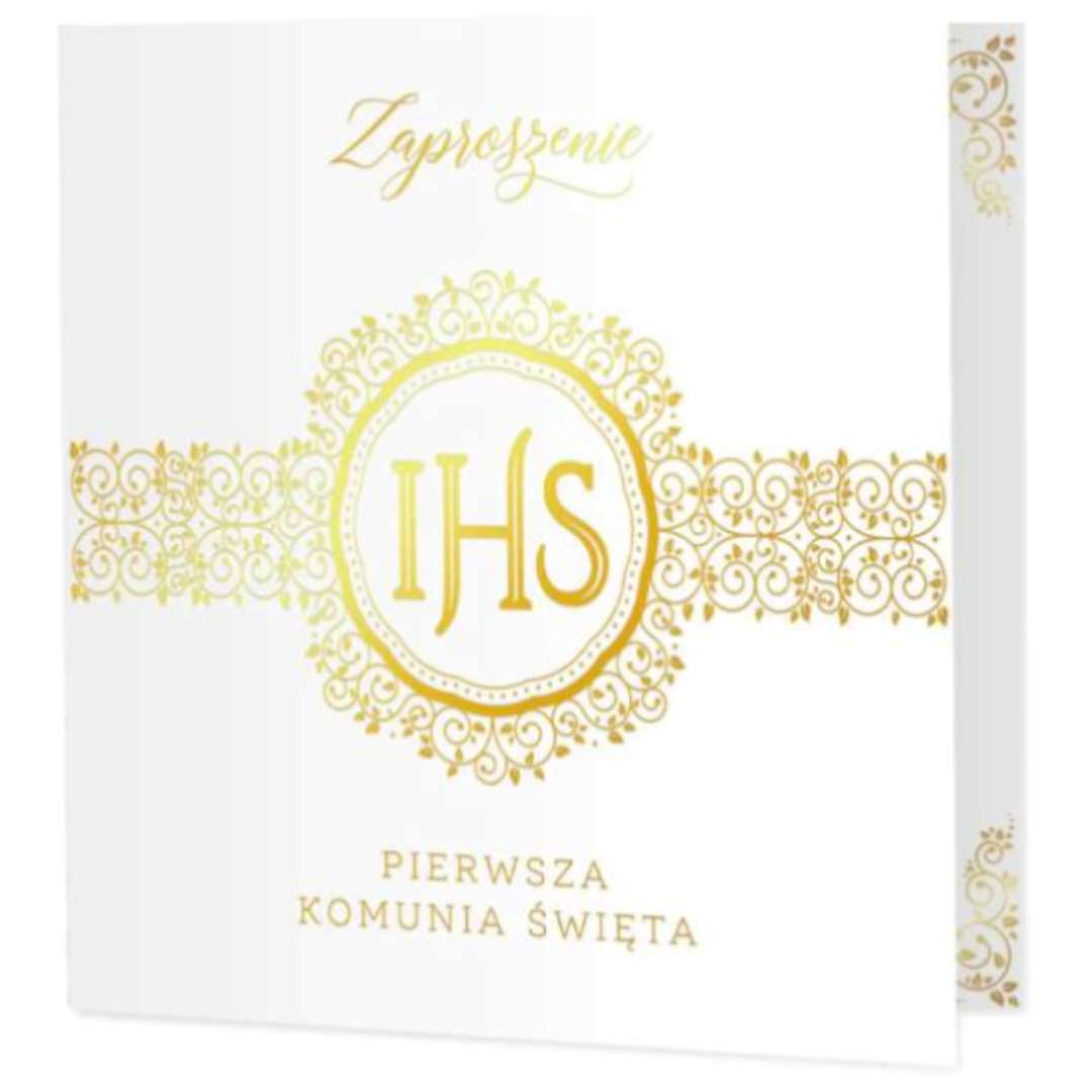 KOMUNIA ŚWIĘTA białe ZAPROSZENIA złote IHS