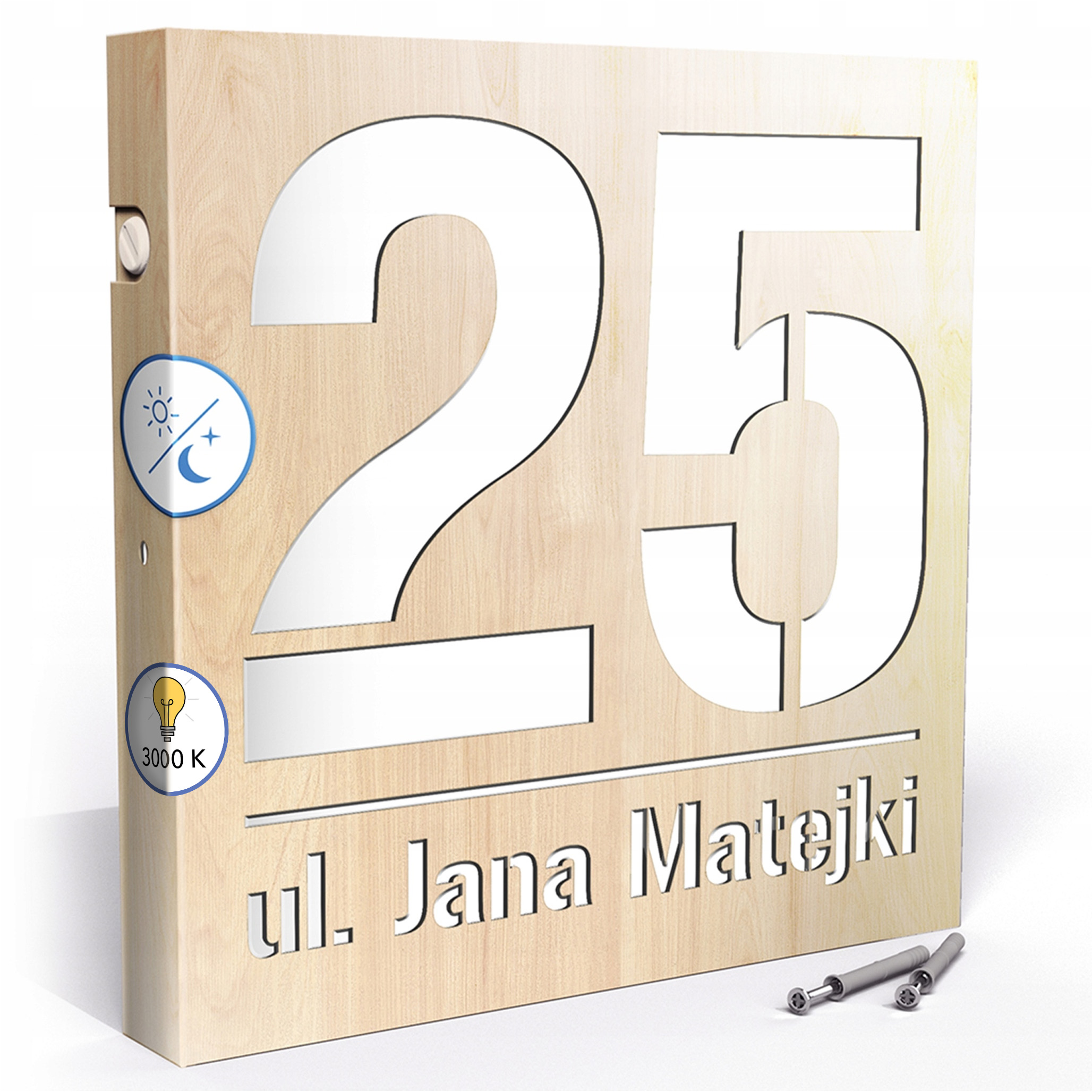 Led tabulka 3000k Snímač 30x30 cm Číslo na dům Dřevo Jasné Teplá barva