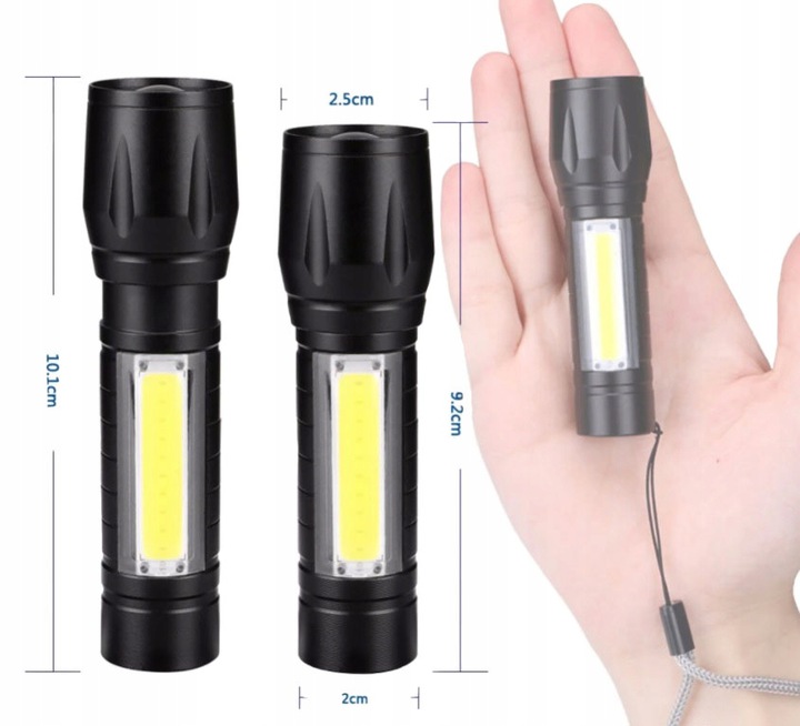 Latarka kieszonkowa 380Lm mini LED zoom USB cobe Model Mini kieszonkowa latarka 2w1 COB LED