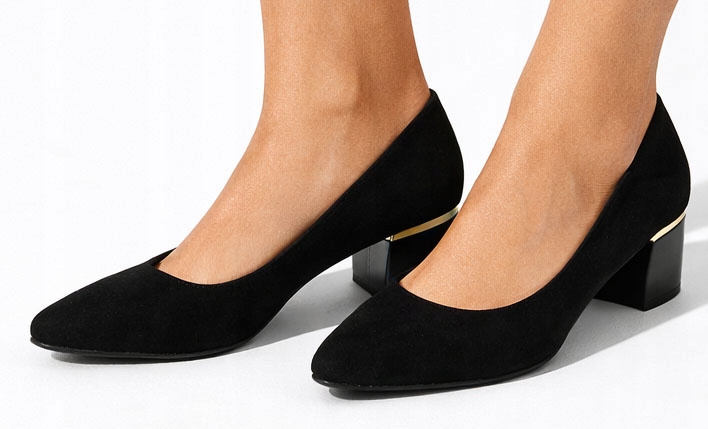 9388 CZARNE CZÓŁENKA ZAMSZOWE NA SŁUPKU KLASYCZNE NISKI OBCAS