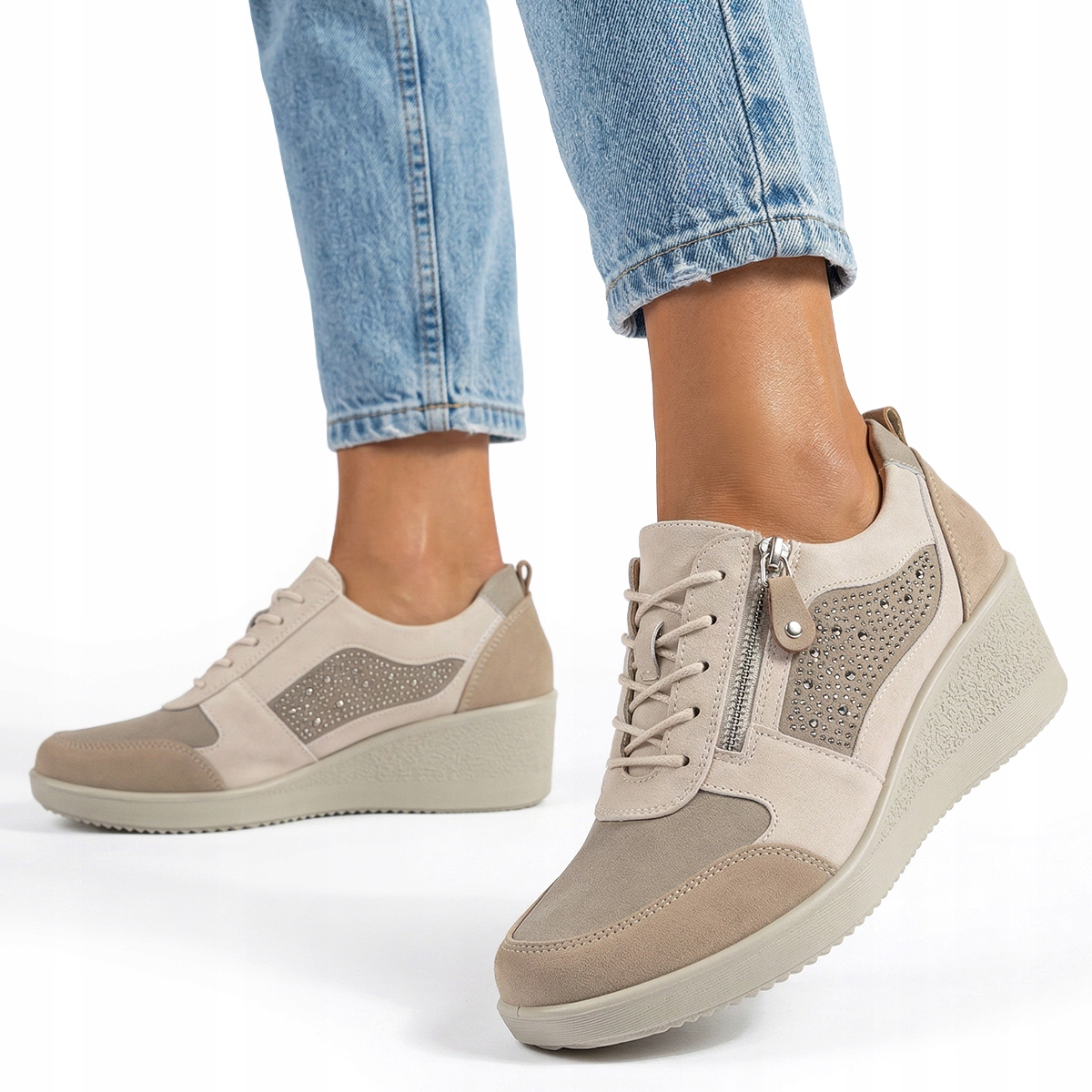 Półbuty w.SKÓRA sneakersy na koturnie Beżowe cyrkonie wiązane Wojtyłko 37