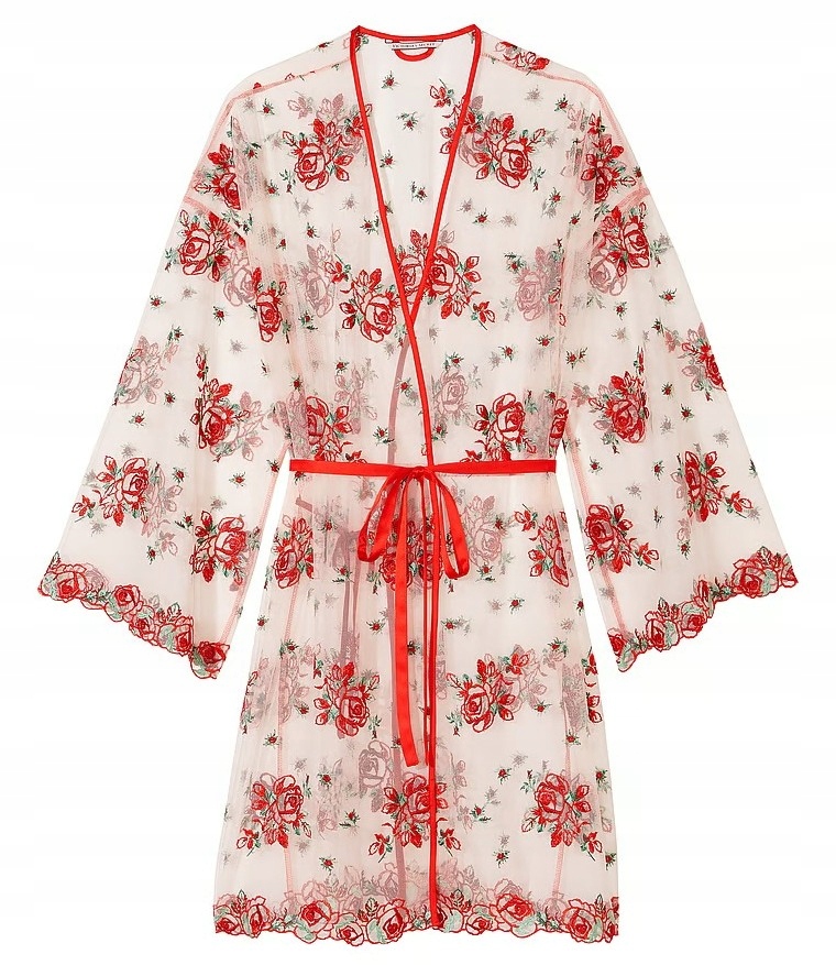 Krátký vyšívaný župan ze síťoviny Victoria’s Secret červené růže Xs/s